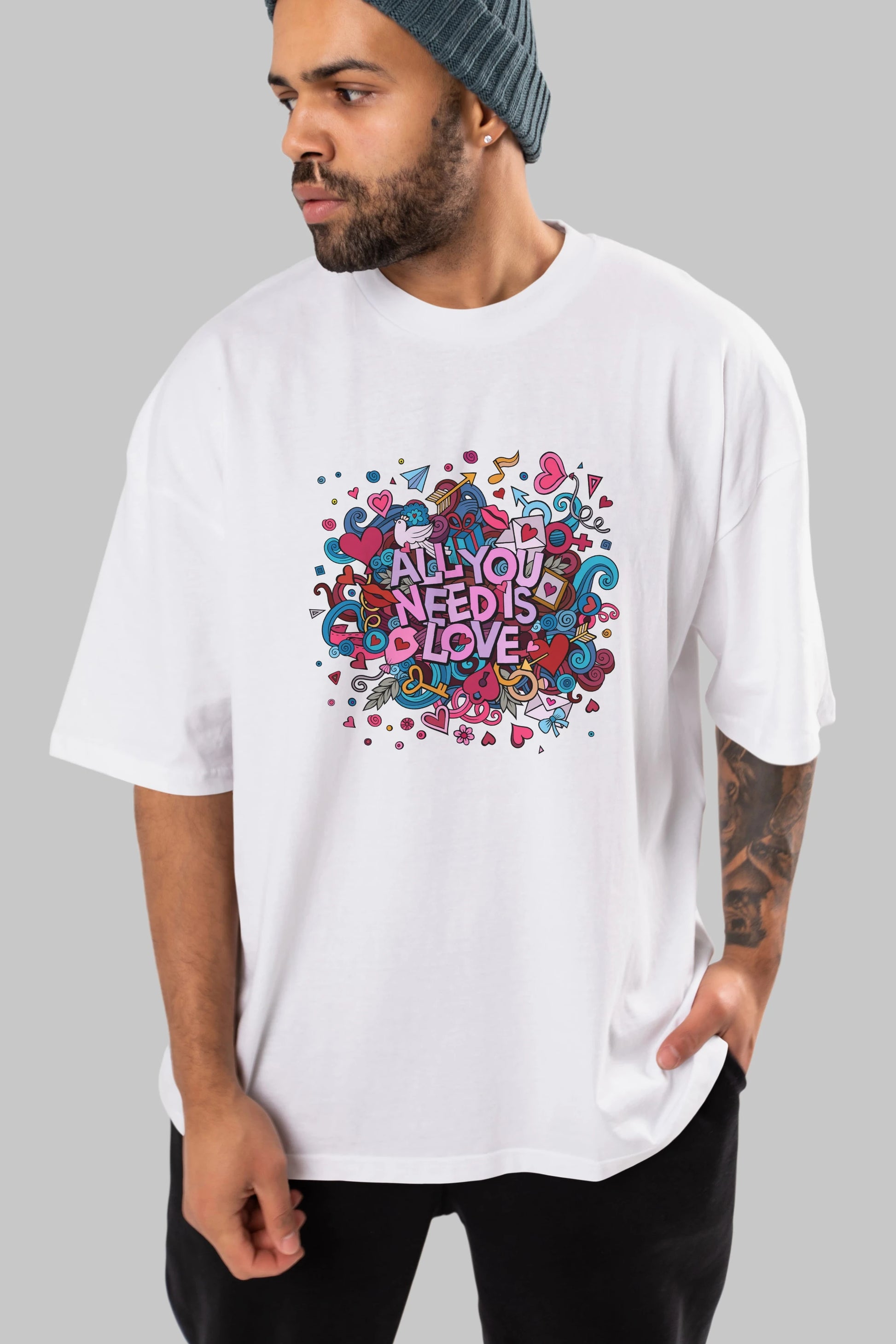 Cute Fun Colorful Heart Art Love Ön Baskılı Oversize t-shirt Erkek Kadın Unisex
