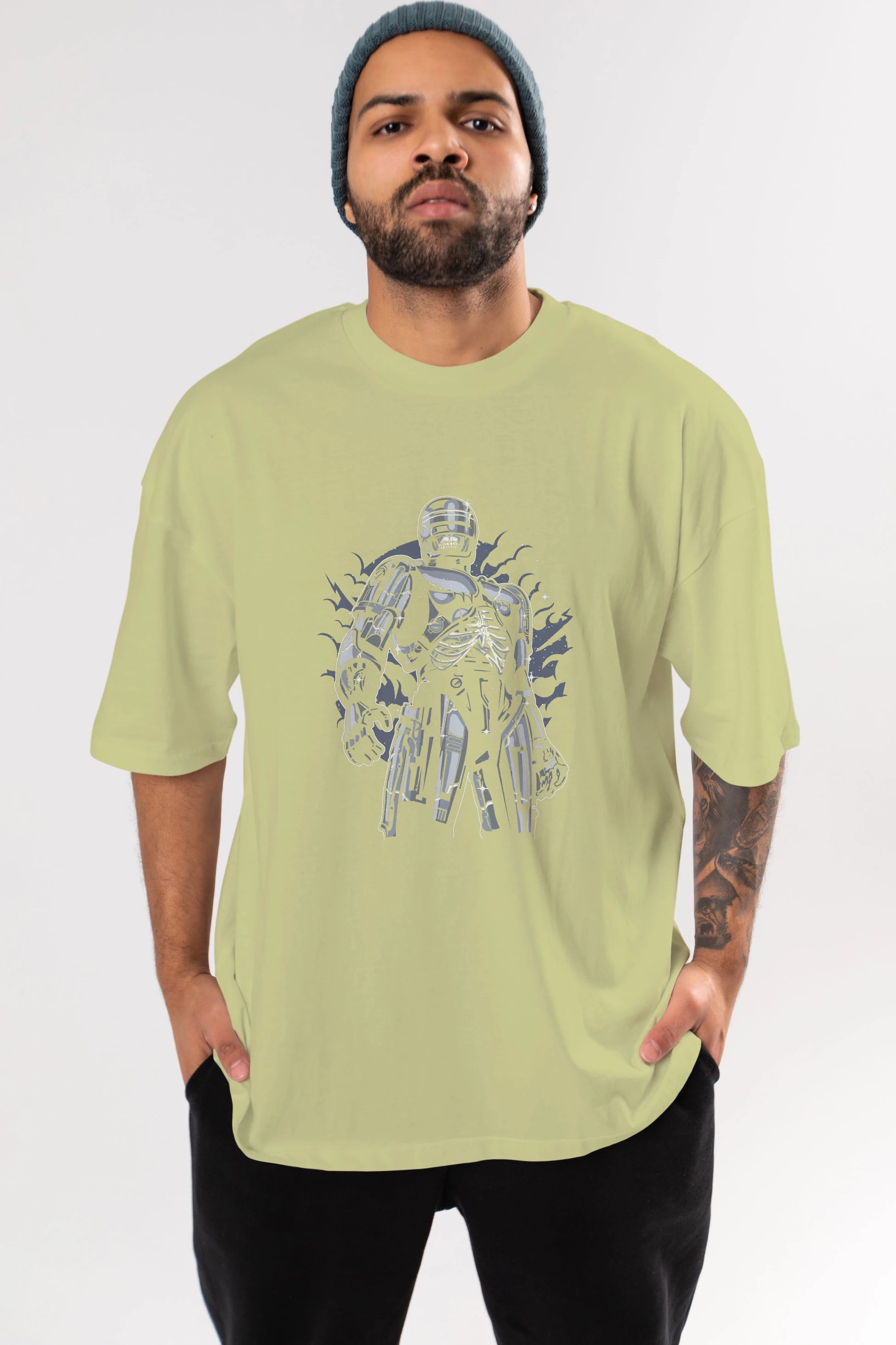 Roboskull Ön Baskılı Oversize t-shirt Erkek Kadın Unisex %100 Pamuk tişort