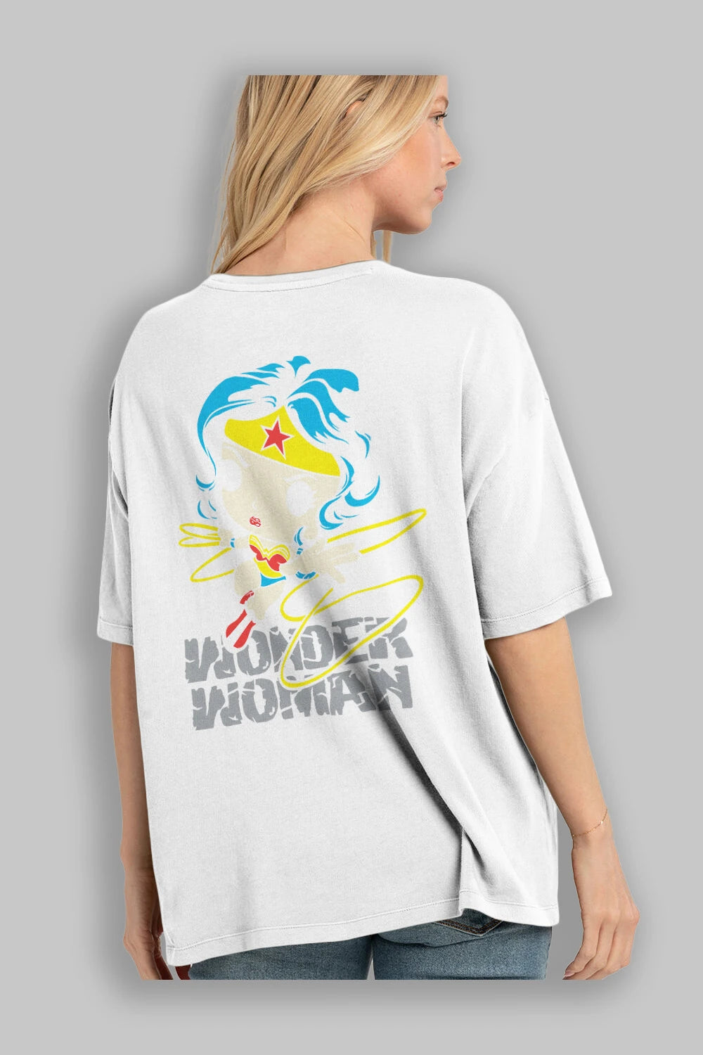 Wonder Woman Arka Baskılı Oversize t-shirt Erkek Kadın Unisex %100 Pamuk Bisiklet Yaka tişort