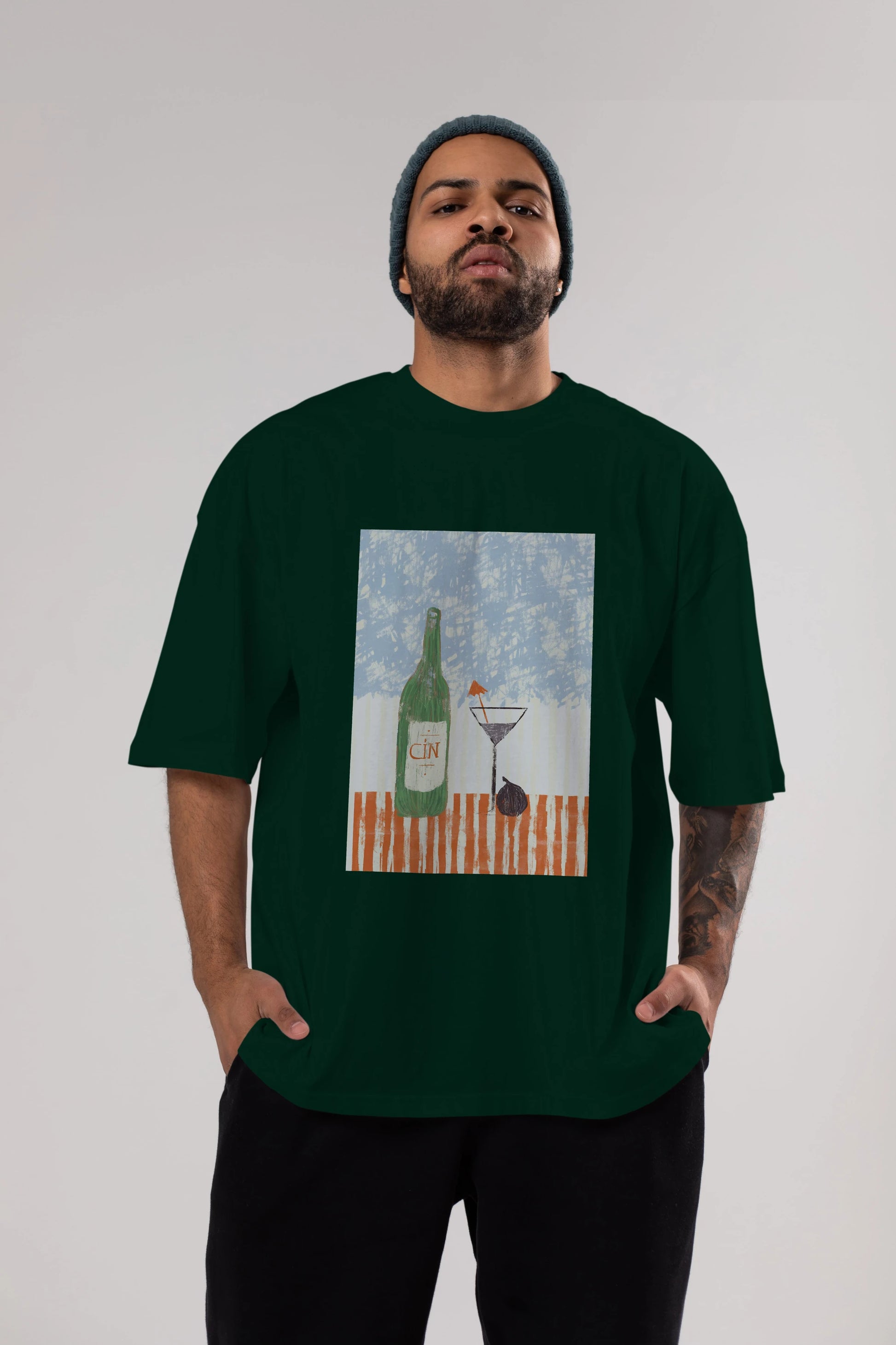 Gin Ön Baskılı Oversize t-shirt Erkek Kadın Unisex %100 Pamuk Bisiklet Yaka tişort