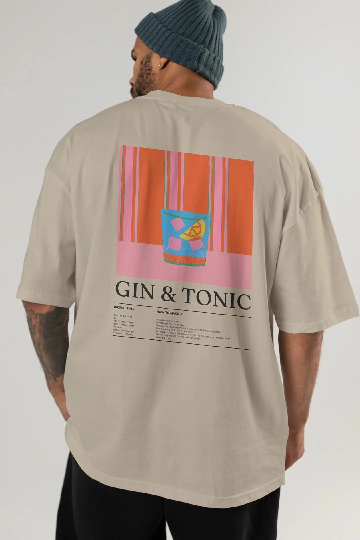 Gin Tonic Kokteyl Serisi Arka Baskılı Oversize t-shirt Erkek Kadın %100 Pamuk Bisiklet Yaka tişort