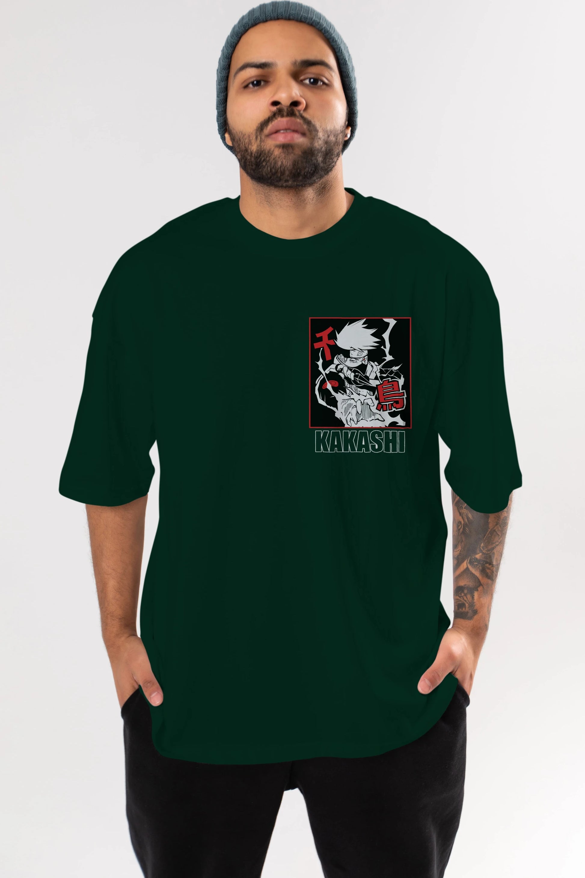 KAKASHI HATAKE NARUTO Ön Sol Baskılı Oversize t-shirt Erkek Kadın Unisex %100 Pamuk Bisiklet Yaka tişort