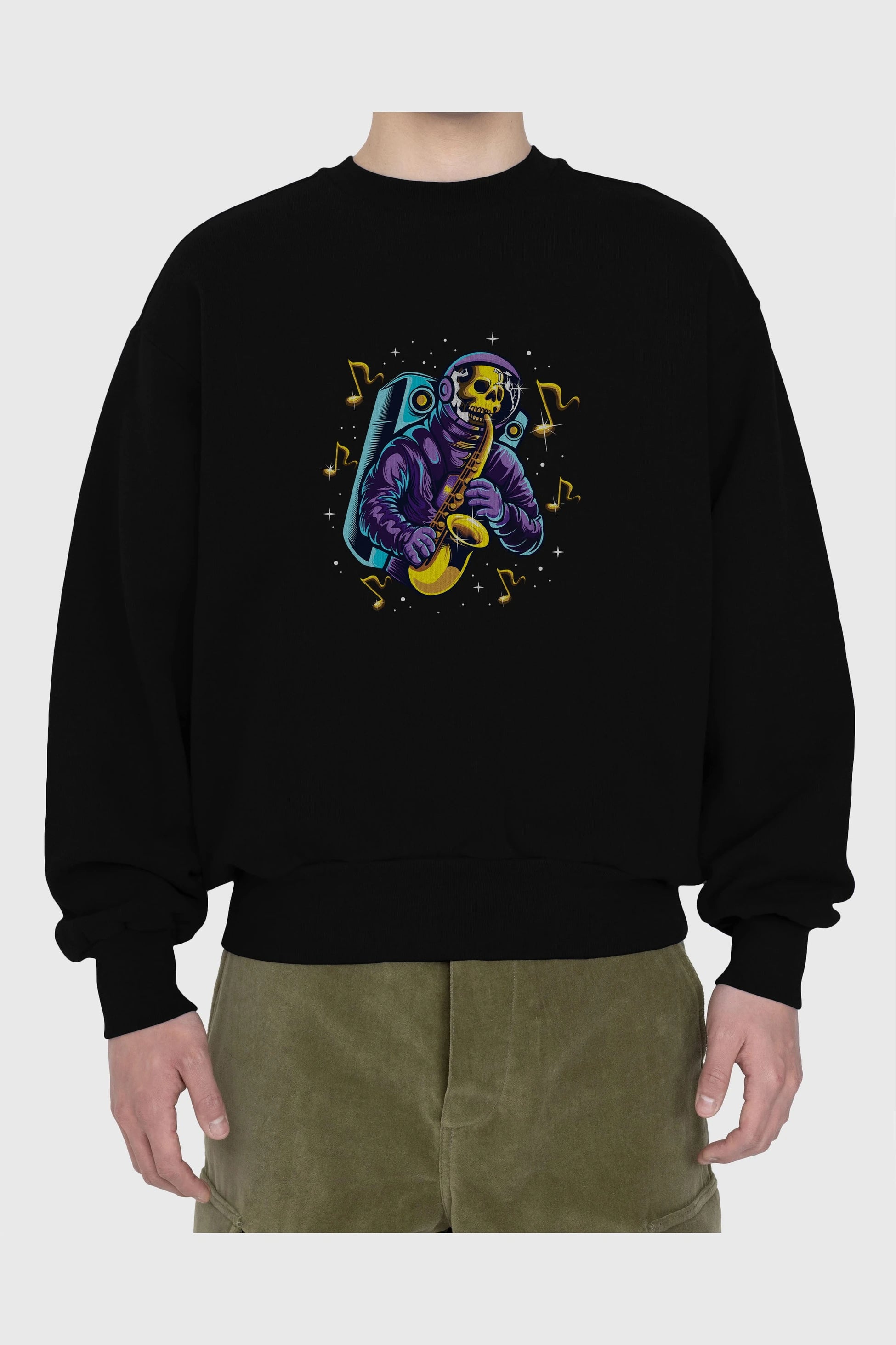 Astroskull Saxophonist Ön Baskılı Oversize Sweatshirt Erkek Kadın Unisex