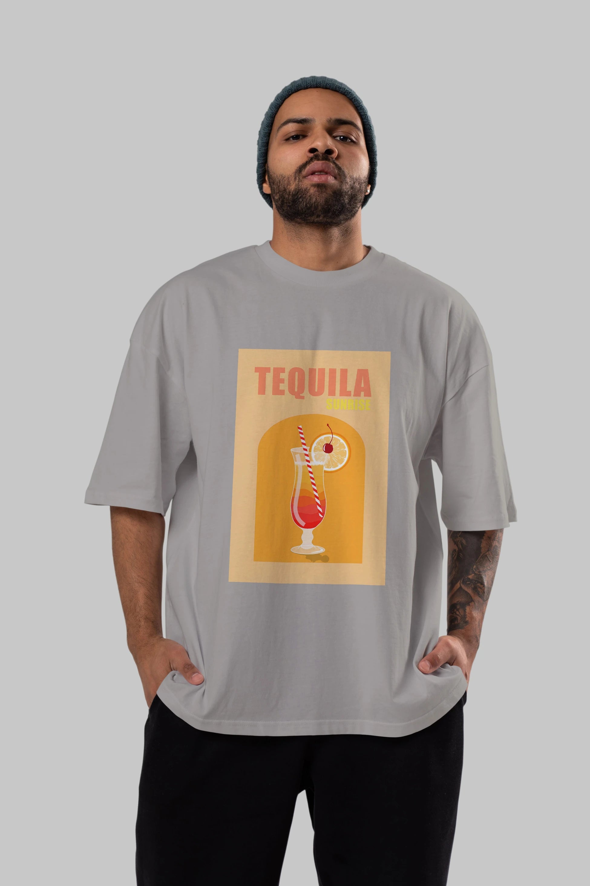 Tequila Sunrise Ön Baskılı Oversize t-shirt Erkek Kadın Unisex %100 Pamuk Bisiklet Yaka tişort