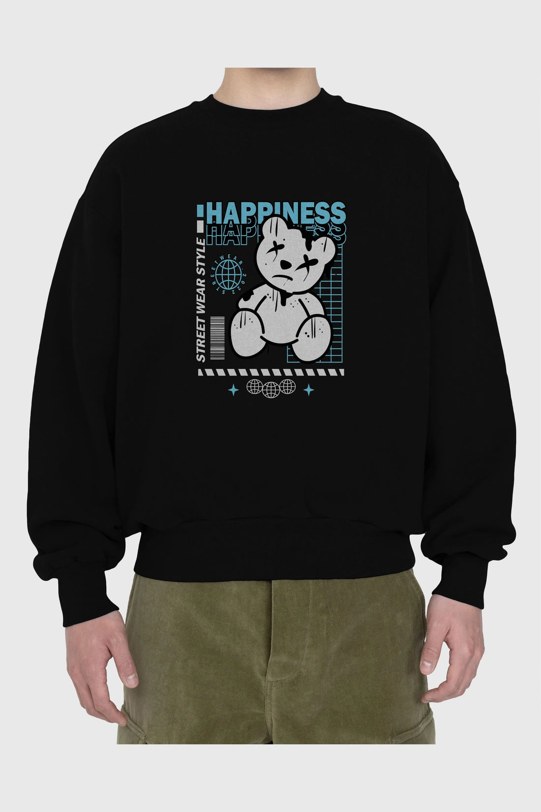 Happiness Bear 2 Ön Baskılı Oversize Sweatshirt Erkek Kadın Unisex
