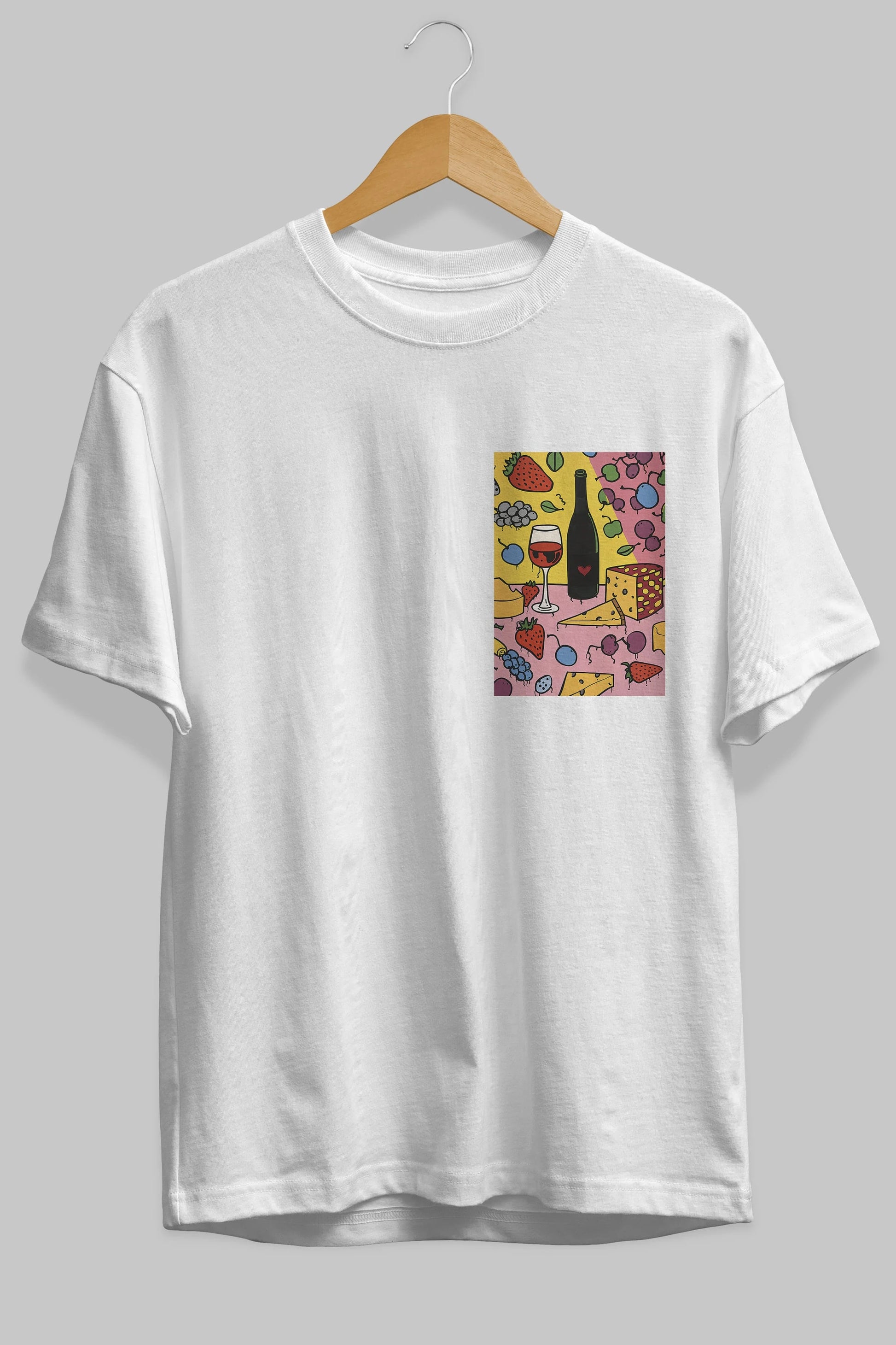 Wine Cheese Fruits Ön Sol Baskılı Oversize t-shirt Erkek Kadın Unisex %100 Pamuk Bisiklet Yaka tişort
