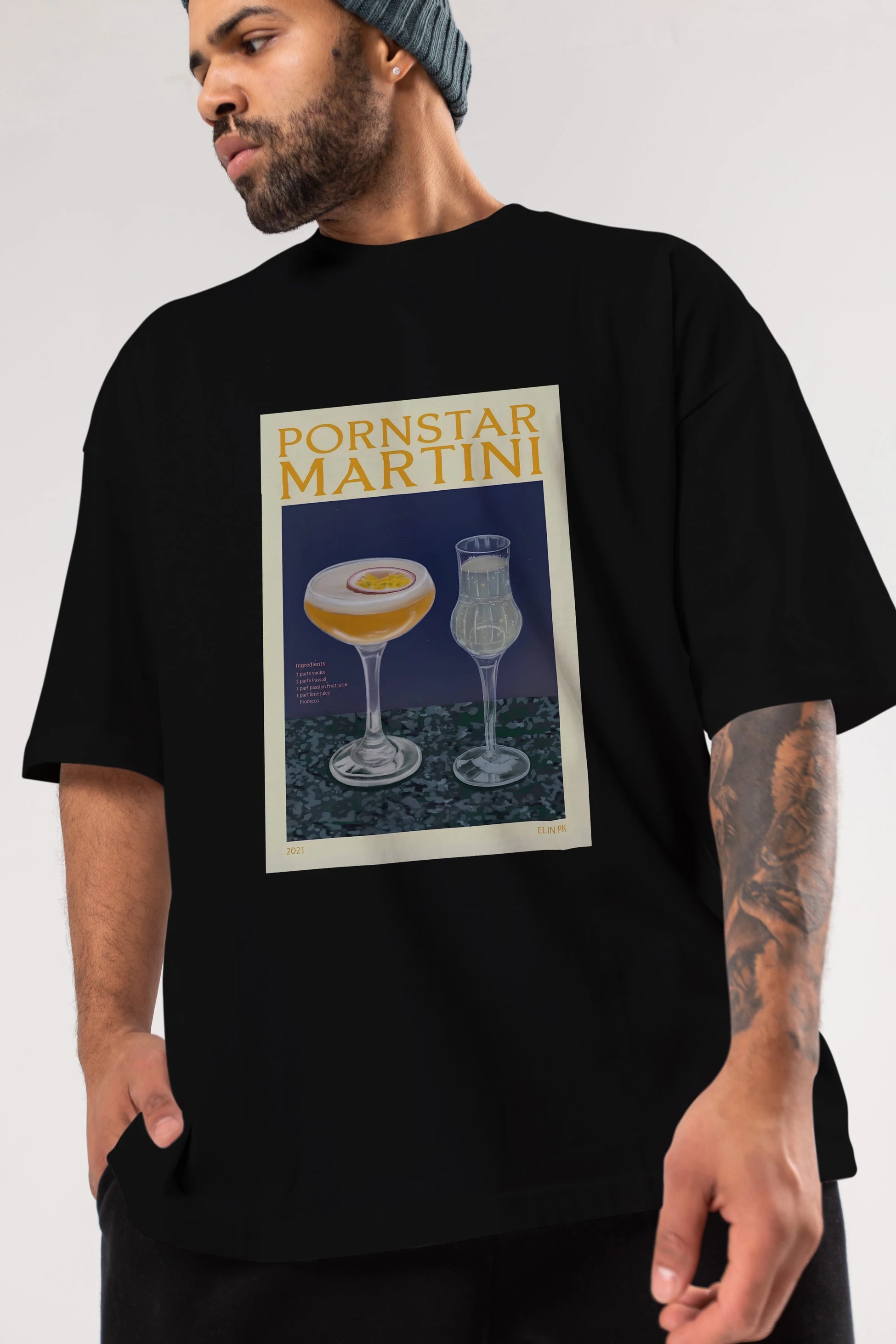 P.rnstar Martini Ön Baskılı Oversize t-shirt Erkek Kadın Unisex %100 Pamuk Bisiklet Yaka tişort