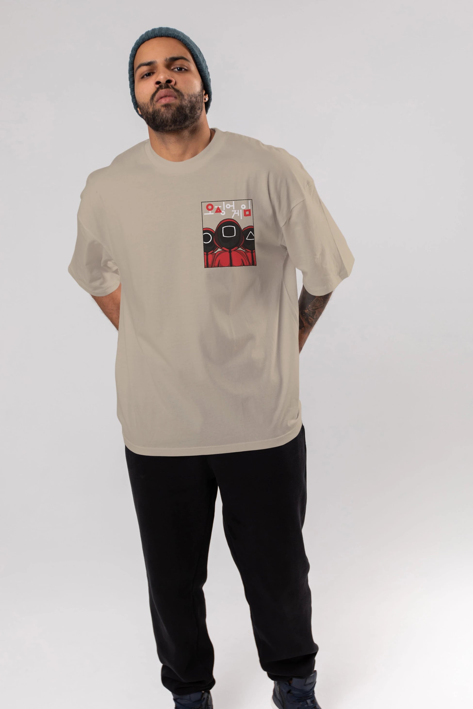 Squid Game (7) Ön Sol Baskılı Oversize t-shirt Erkek Kadın Unisex %100 Pamuk Bisiklet Yaka tişort