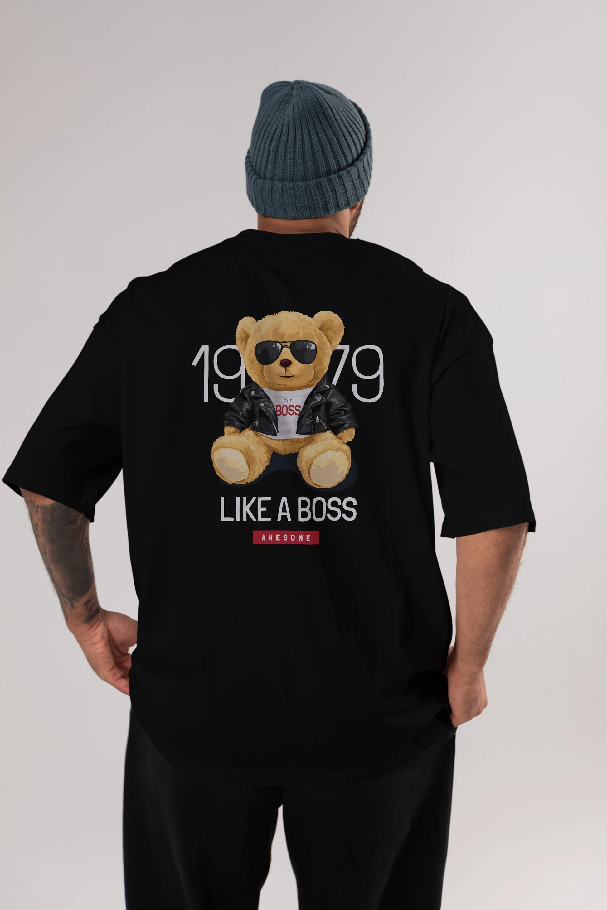 Teddy Bear Like A Boss Arka Baskılı Oversize t-shirt Erkek Kadın Unisex %100 Pamuk