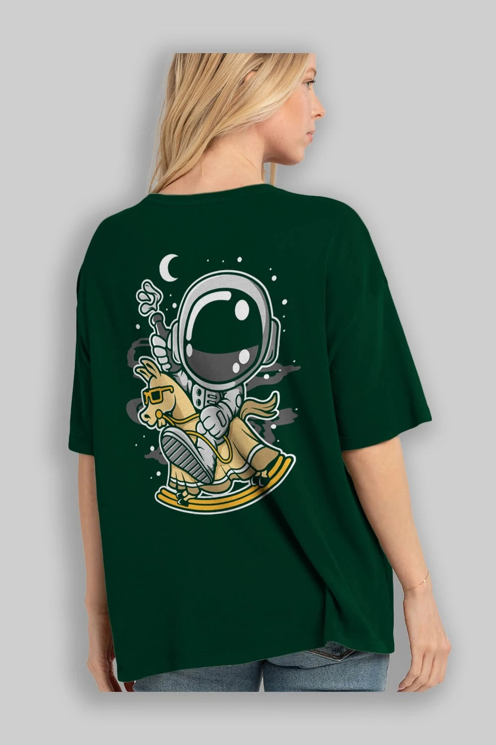 Astronaut RidingToy Horse Arka Baskılı Oversize t-shirt Erkek Kadın Unisex