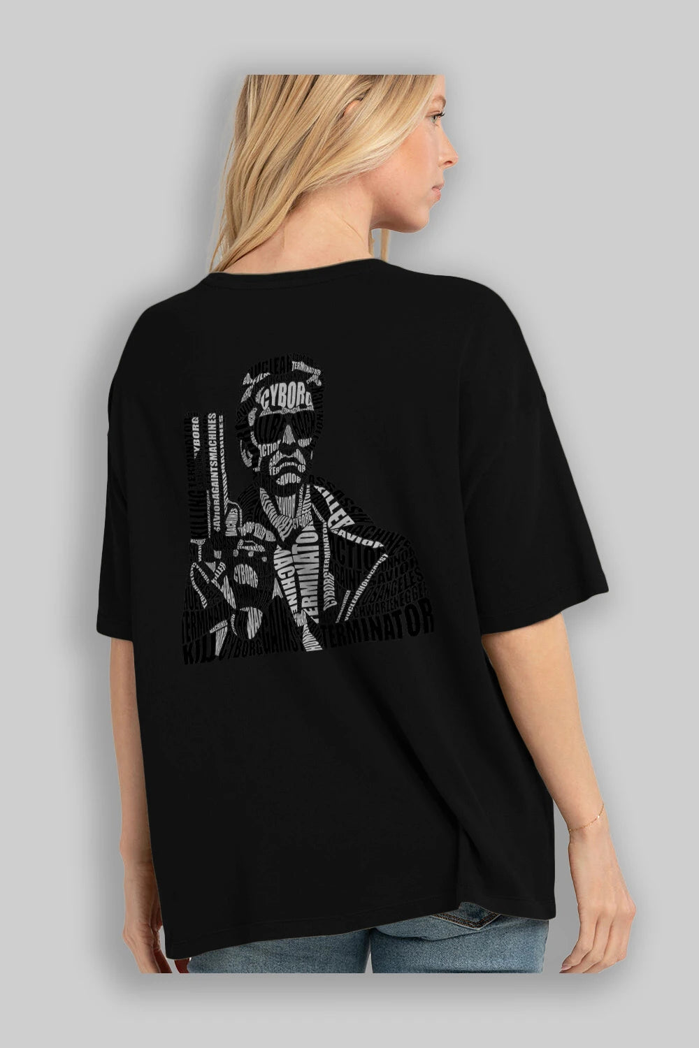 Terminator Calligram Arka Baskılı Oversize t-shirt %100 pamuk Erkek Kadın Unisex