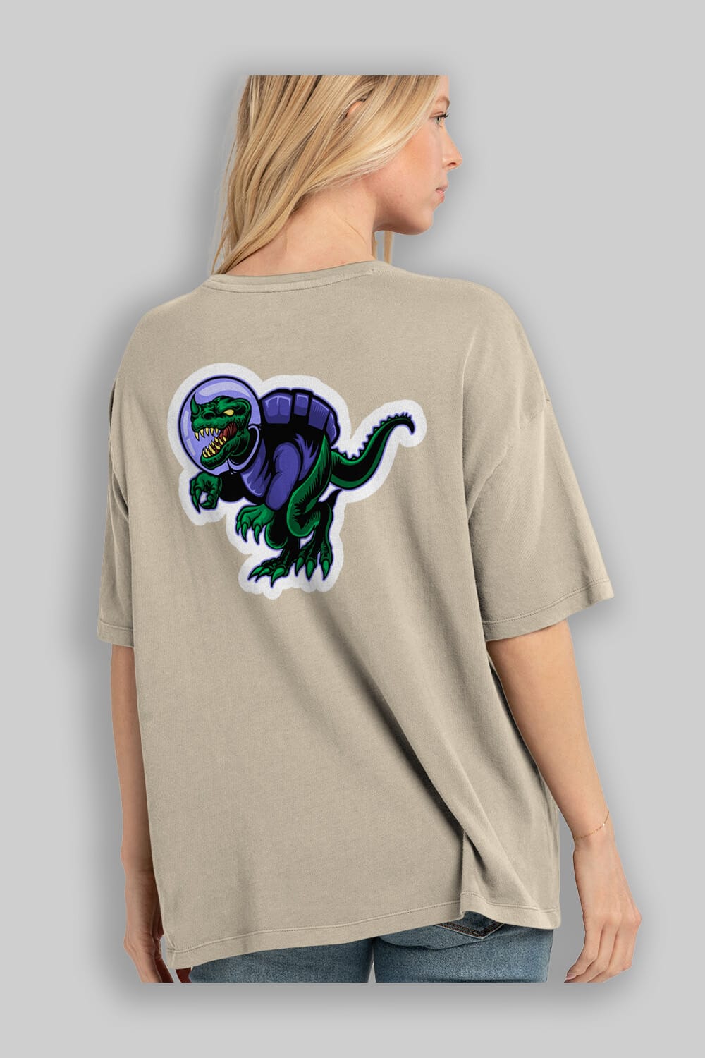 Space Dino Sticker Arka Baskılı Oversize t-shirt Erkek Kadın Unisex
