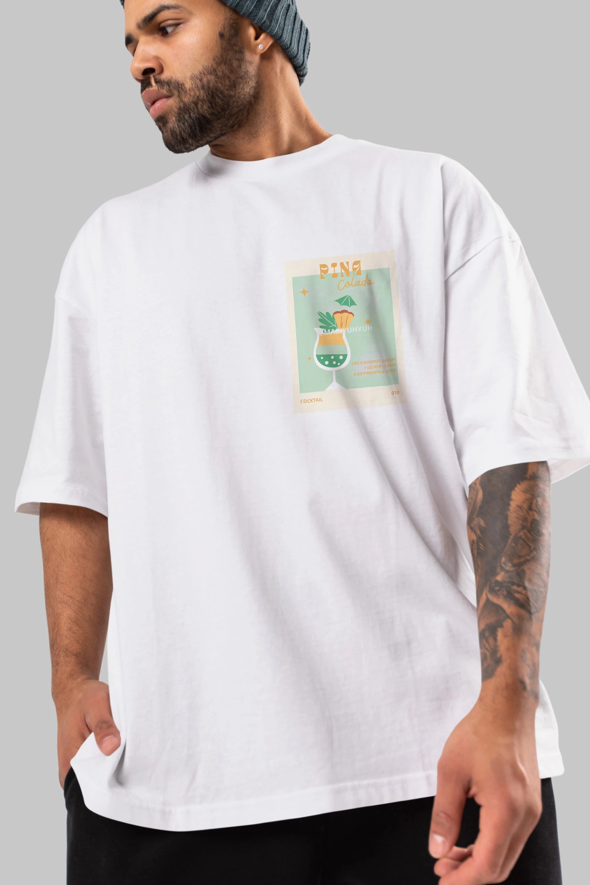 Pina Colada Ön Sol Baskılı Oversize t-shirt Erkek Kadın Unisex %100 Pamuk Bisiklet Yaka tişort