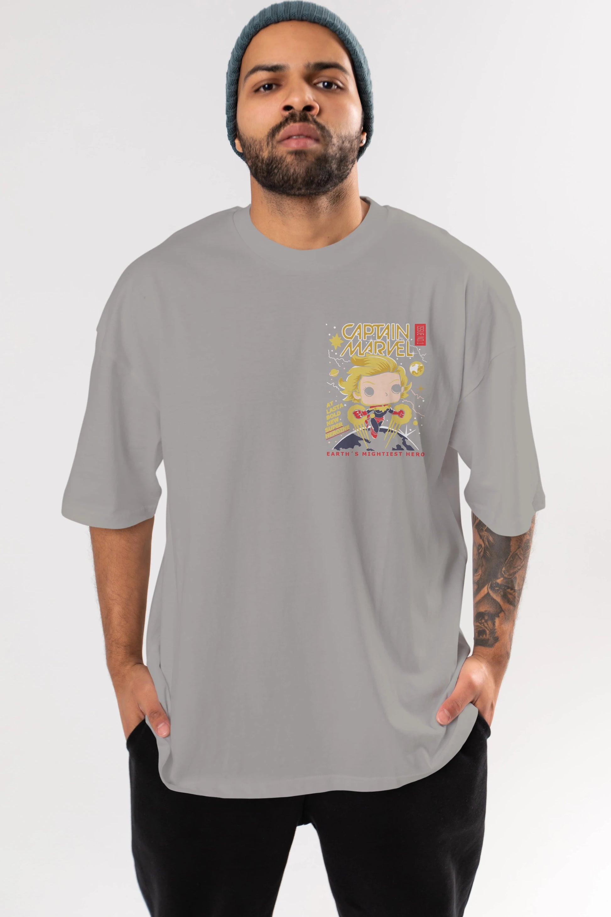 Captain Marvel Ön Sol Baskılı Oversize t-shirt Erkek Kadın Unisex %100 Pamuk Bisiklet Yaka tişort