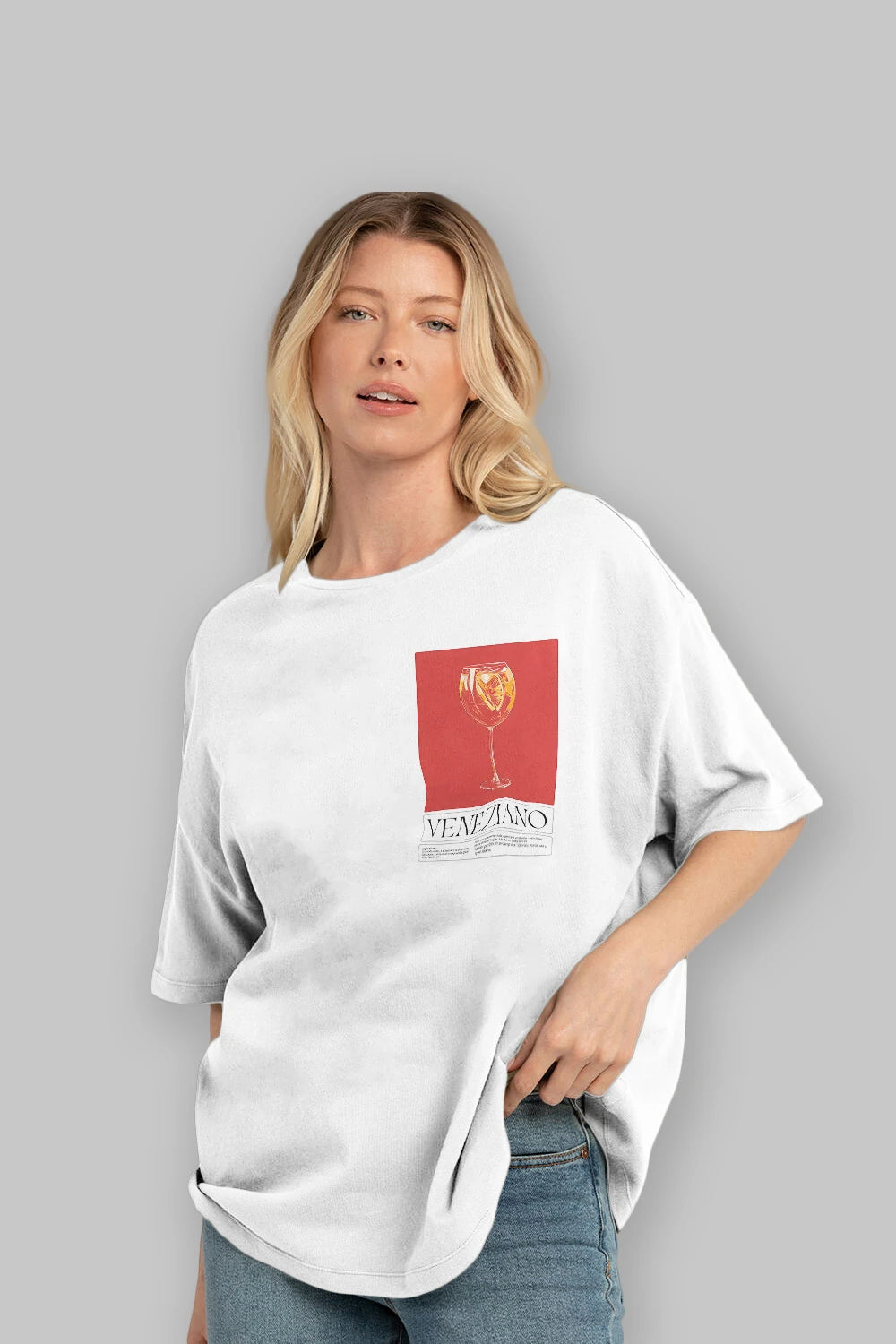 Veneziano Ön Sol Baskılı Oversize t-shirt Erkek Kadın Unisex %100 Pamuk Bisiklet Yaka tişort