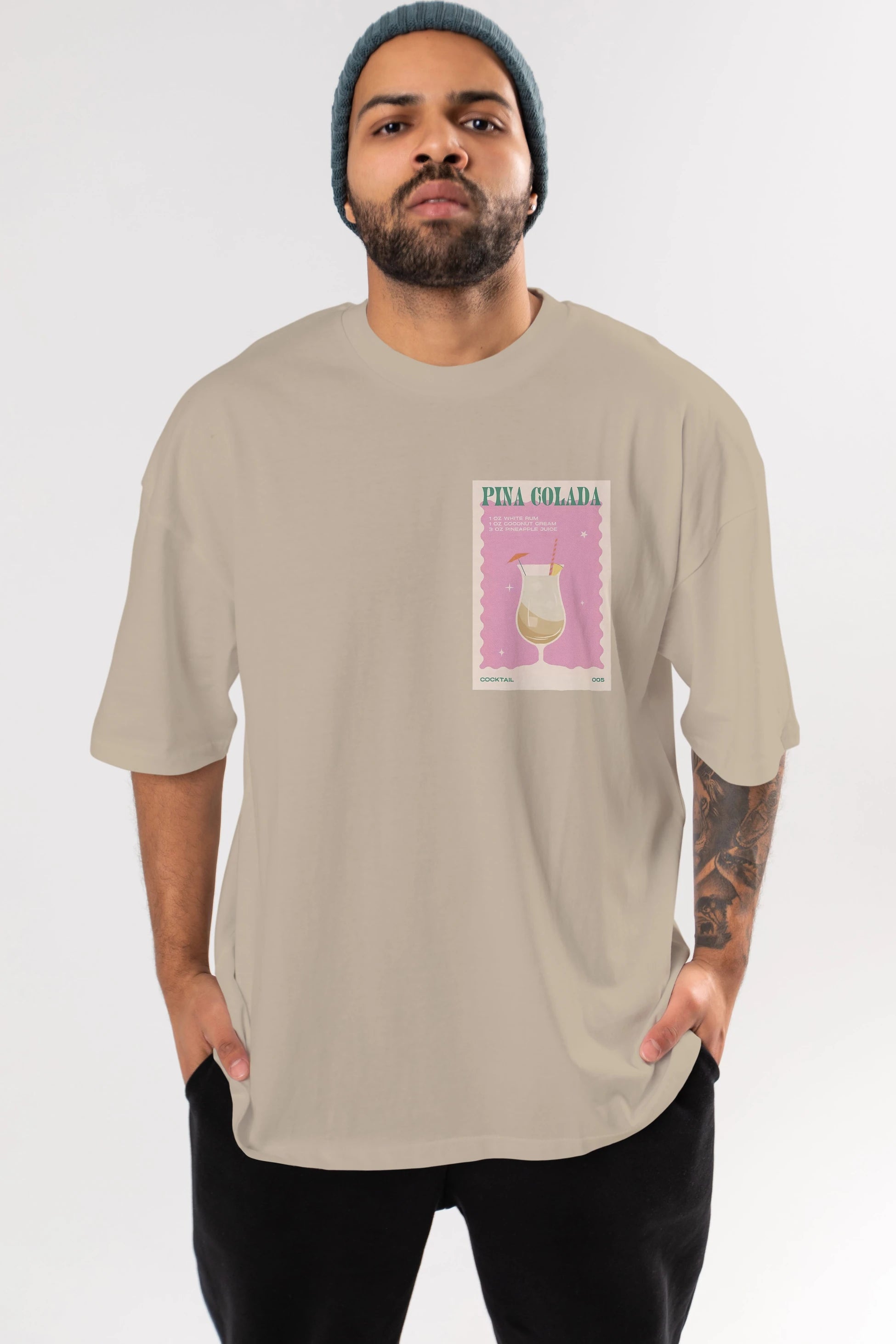 Pina Colada 3 Ön Sol Baskılı Oversize t-shirt Erkek Kadın Unisex %100 Pamuk Bisiklet Yaka tişort