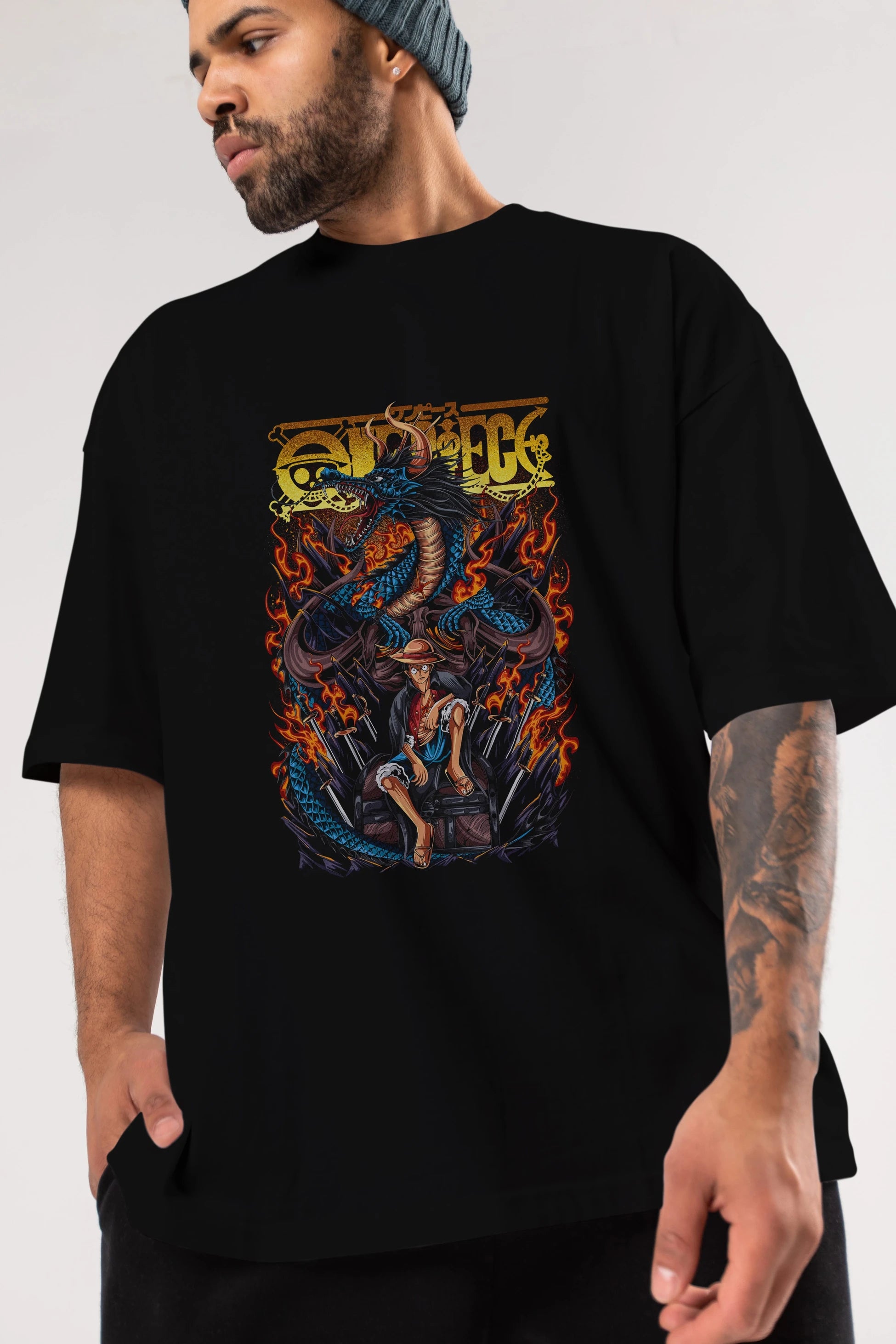 MONKEY D. LUFF-ONE PIECE Anime Ön Baskılı Oversize t-shirt %100 pamuk Erkek Kadın Unisex