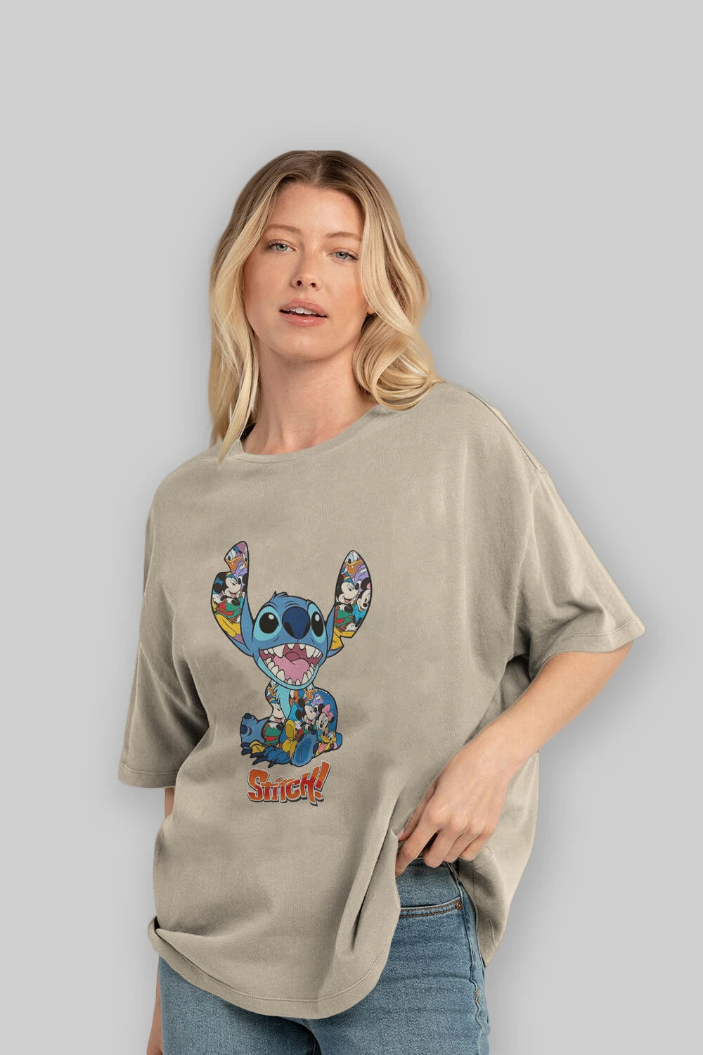 Stitch Ön Baskılı Oversize t-shirt Erkek Kadın Unisex %100 Pamuk Bisiklet Yaka tişort