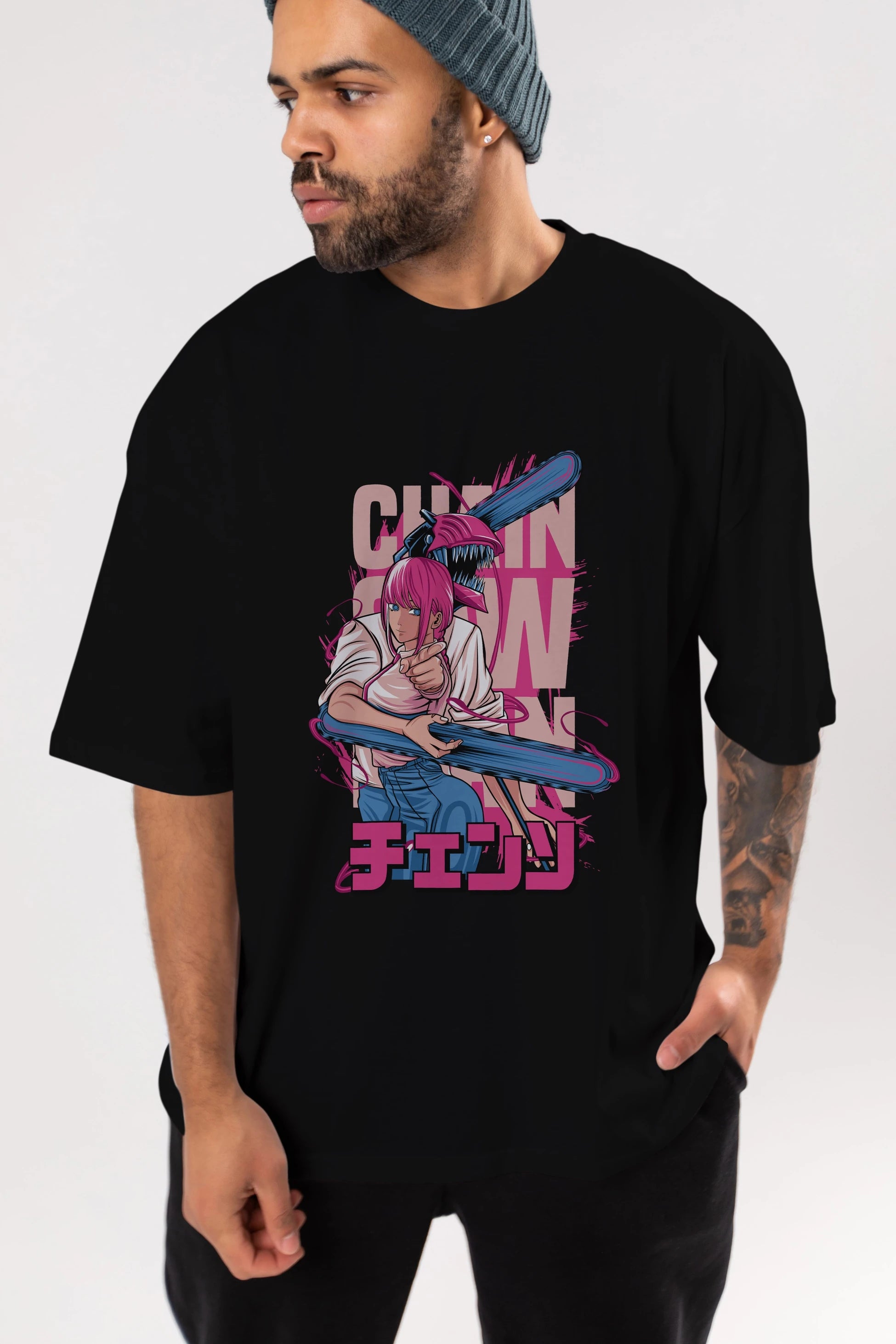DENJI and MAKIMA Anime Ön Baskılı Oversize t-shirt %100 pamuk Erkek Kadın Unisex