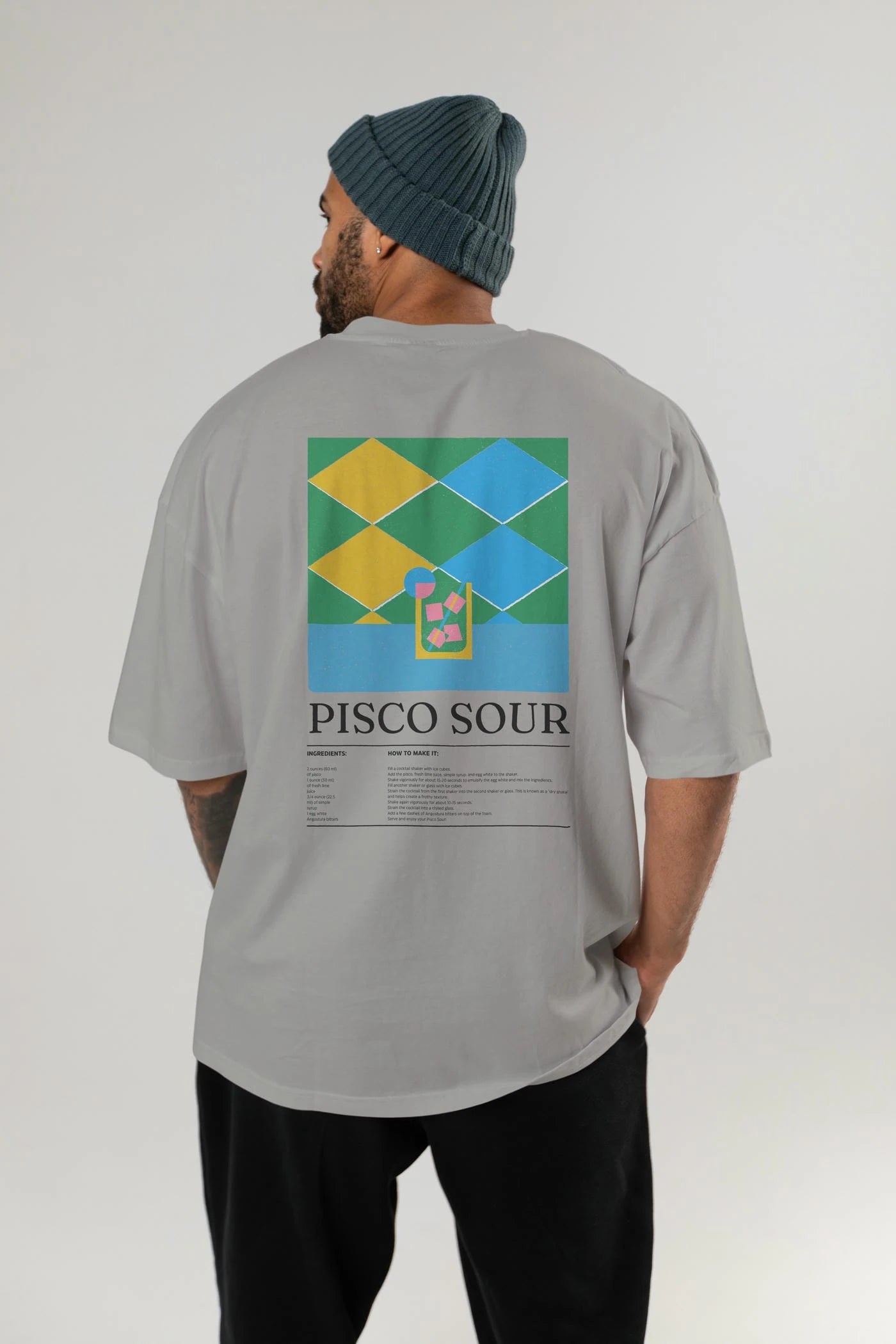 Pisco Sour Kokteyl Serisi Arka Baskılı Oversize t-shirt Erkek Kadın %100 Pamuk Bisiklet Yaka tişort