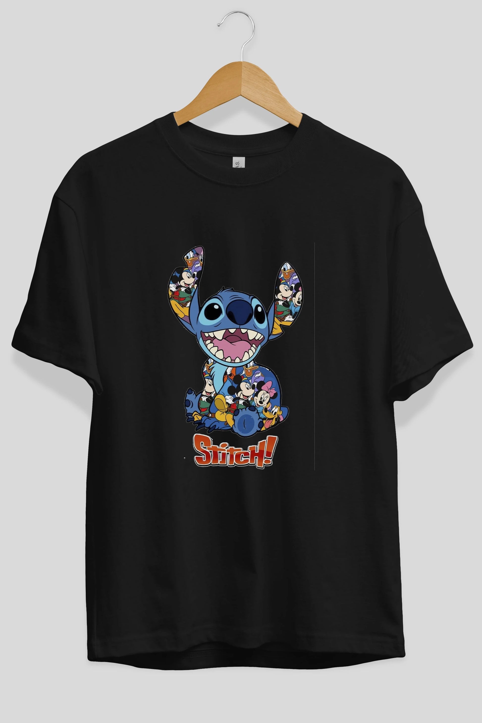 Stitch Ön Baskılı Oversize t-shirt Erkek Kadın Unisex %100 Pamuk Bisiklet Yaka tişort