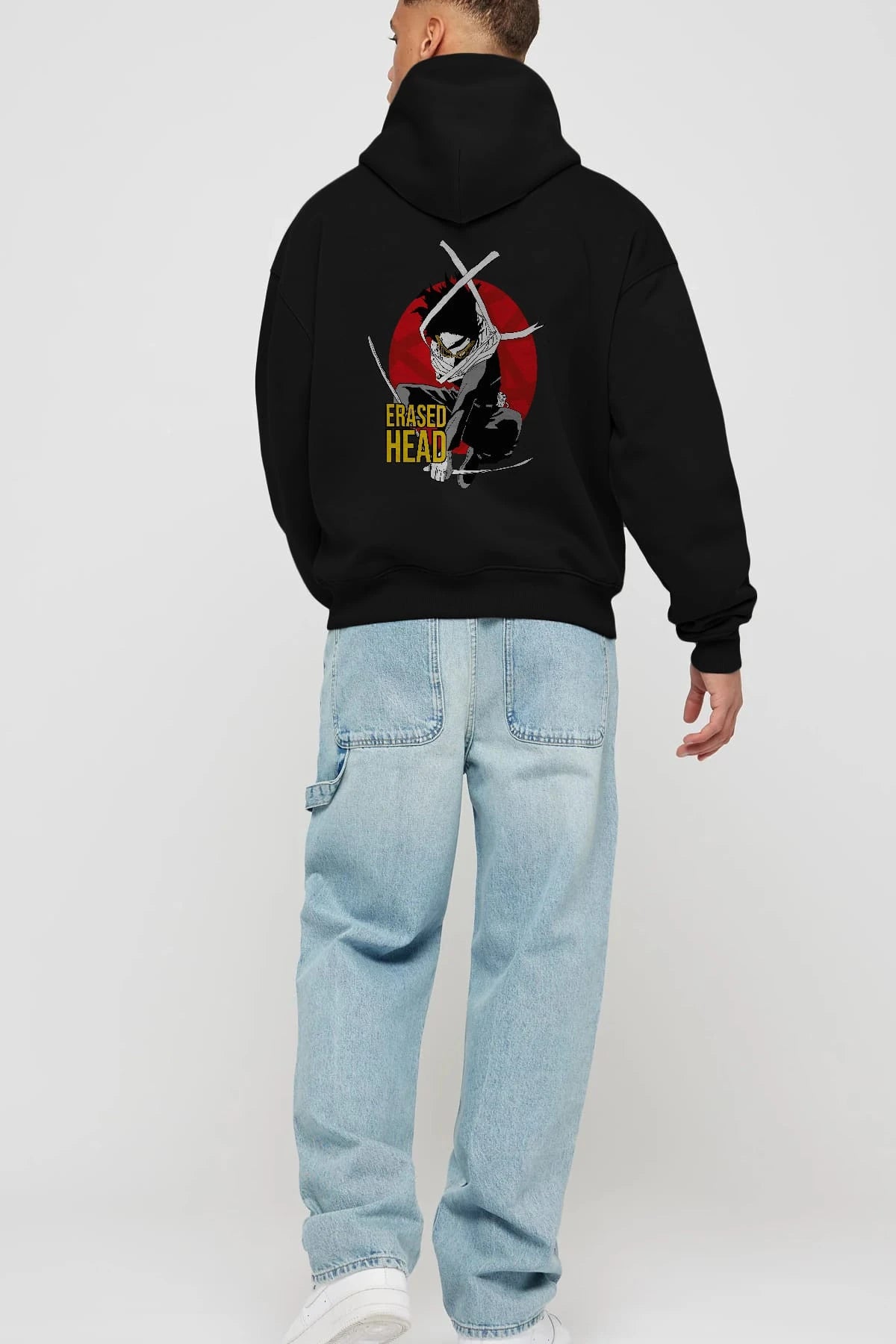 Erased Head Anime Arka Baskılı Hoodie Oversize Kapüşonlu Sweatshirt Erkek Kadın Unisex