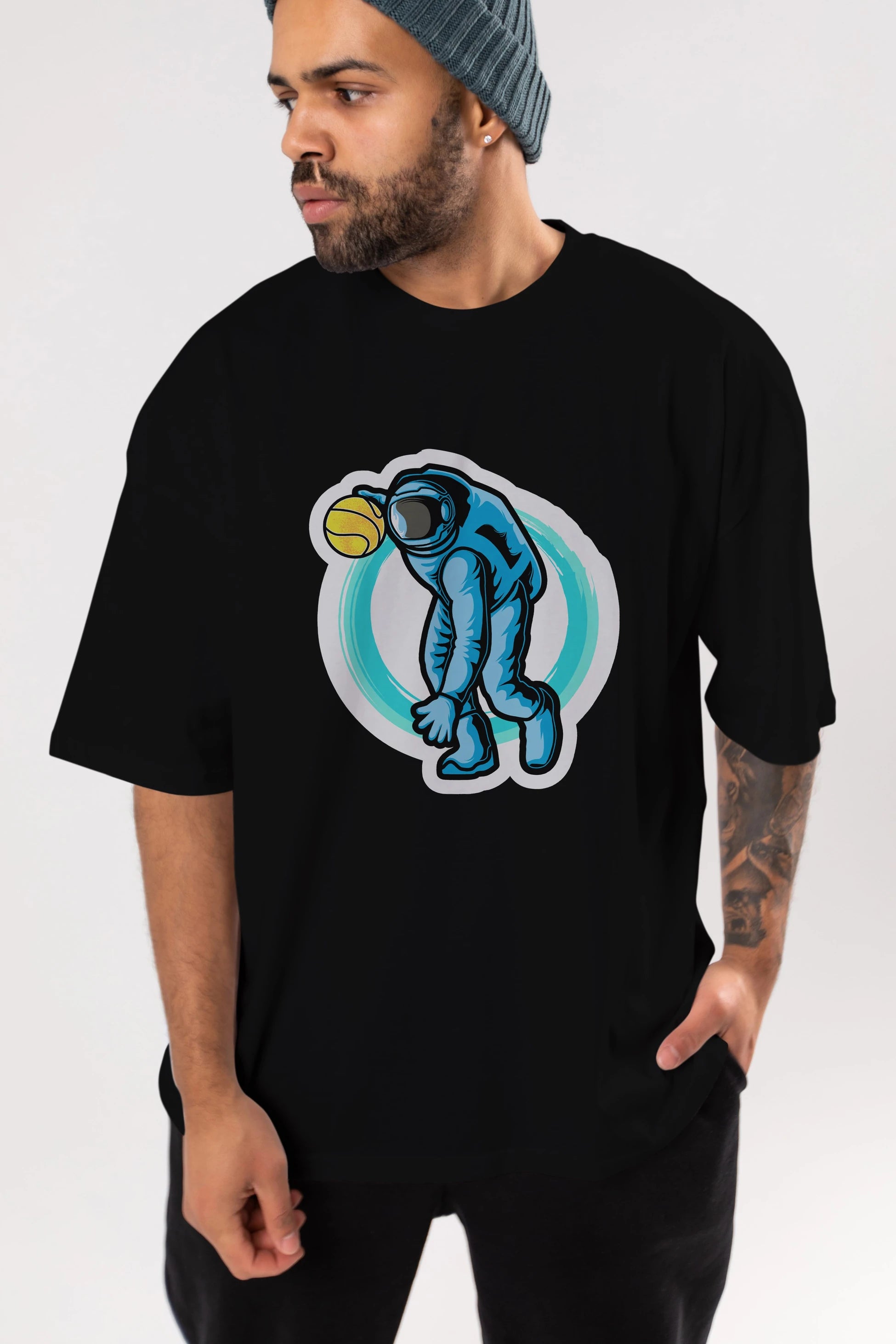 Astronaut Dribble Sticker Ön Baskılı Oversize t-shirt Erkek Kadın Unisex