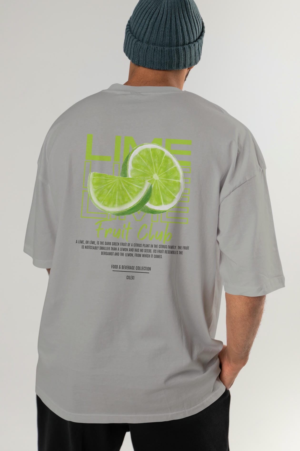 Lime Arka Baskılı Oversize t-shirt Erkek Kadın Pamuk Bisiklet Yaka tişort