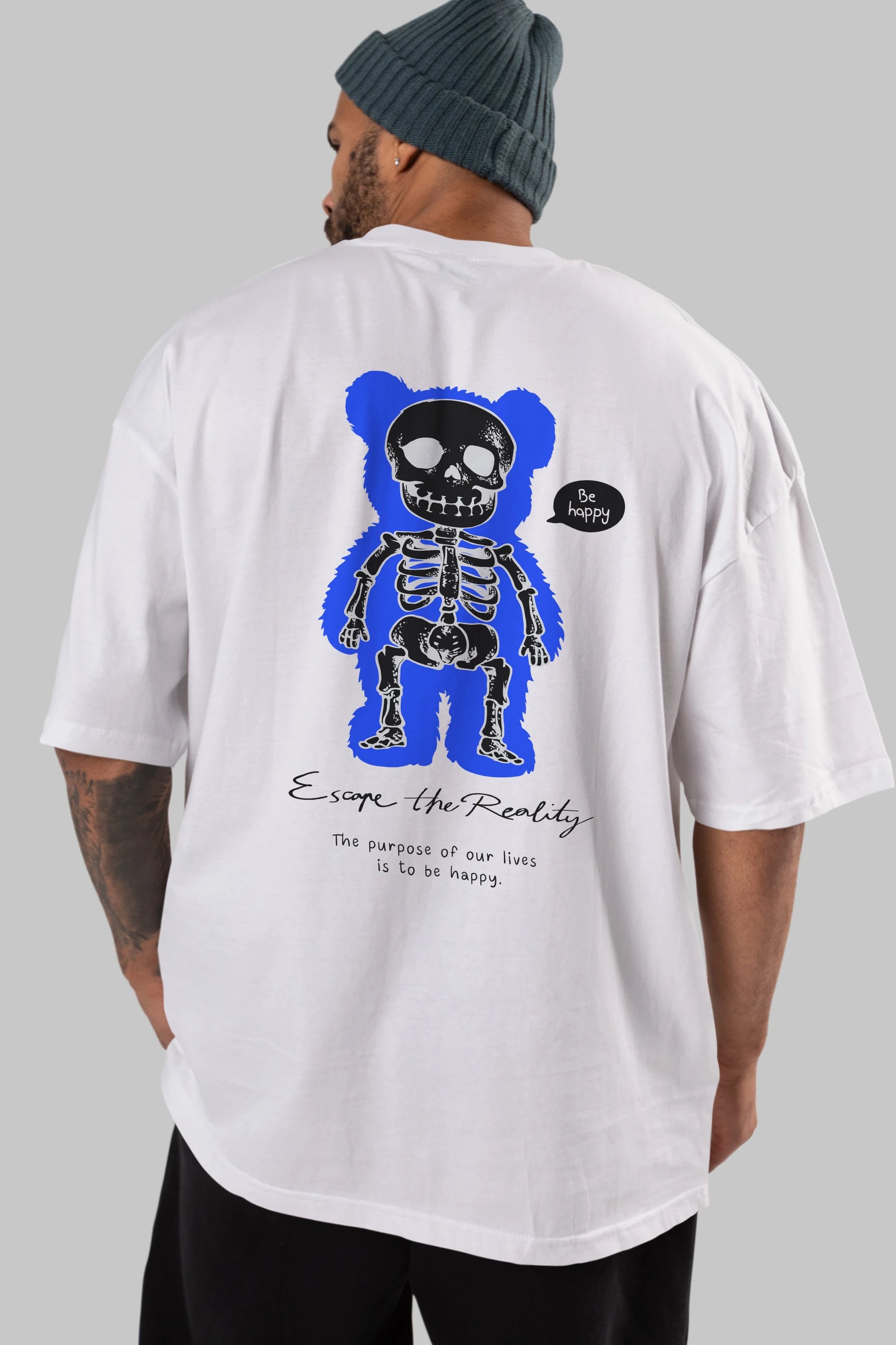 Be Happy Bear Arka Baskılı Oversize t-shirt Erkek Kadın Unisex