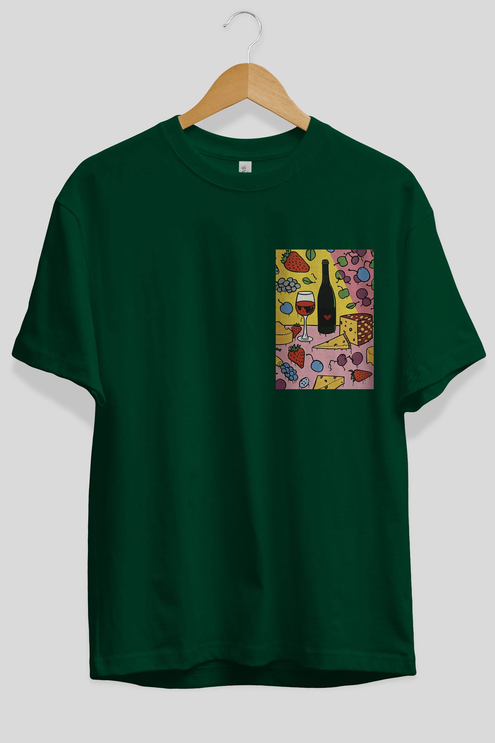 Wine Cheese Fruits Ön Sol Baskılı Oversize t-shirt Erkek Kadın Unisex %100 Pamuk Bisiklet Yaka tişort