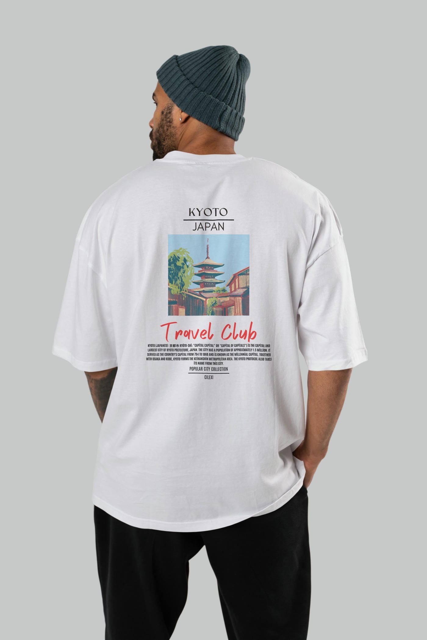 Kyoto Japan Arka Baskılı Oversize t-shirt Erkek Kadın Pamuk Bisiklet Yaka tişort