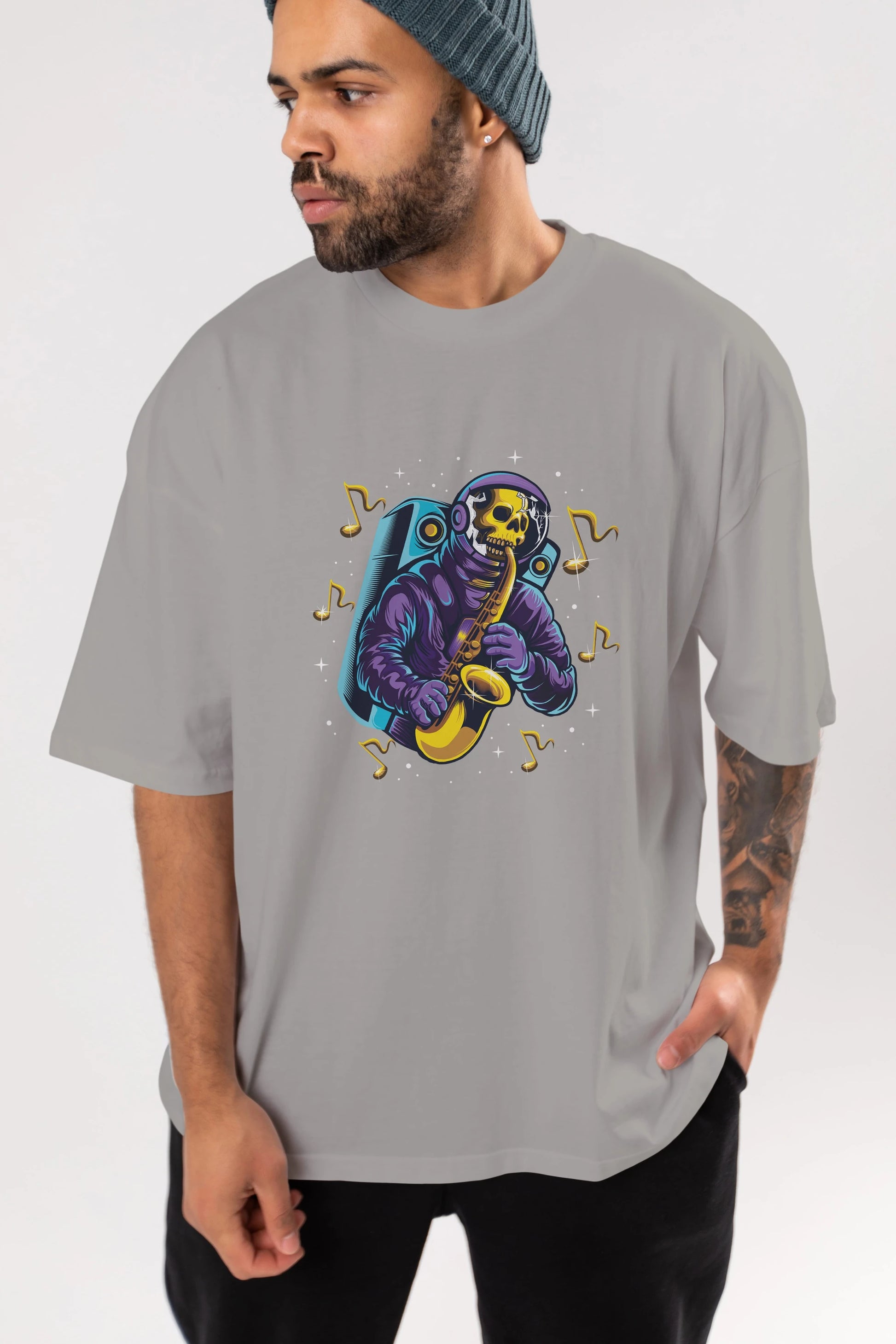 Astroskull Saxophonist Ön Baskılı Oversize t-shirt Erkek Kadın Unisex