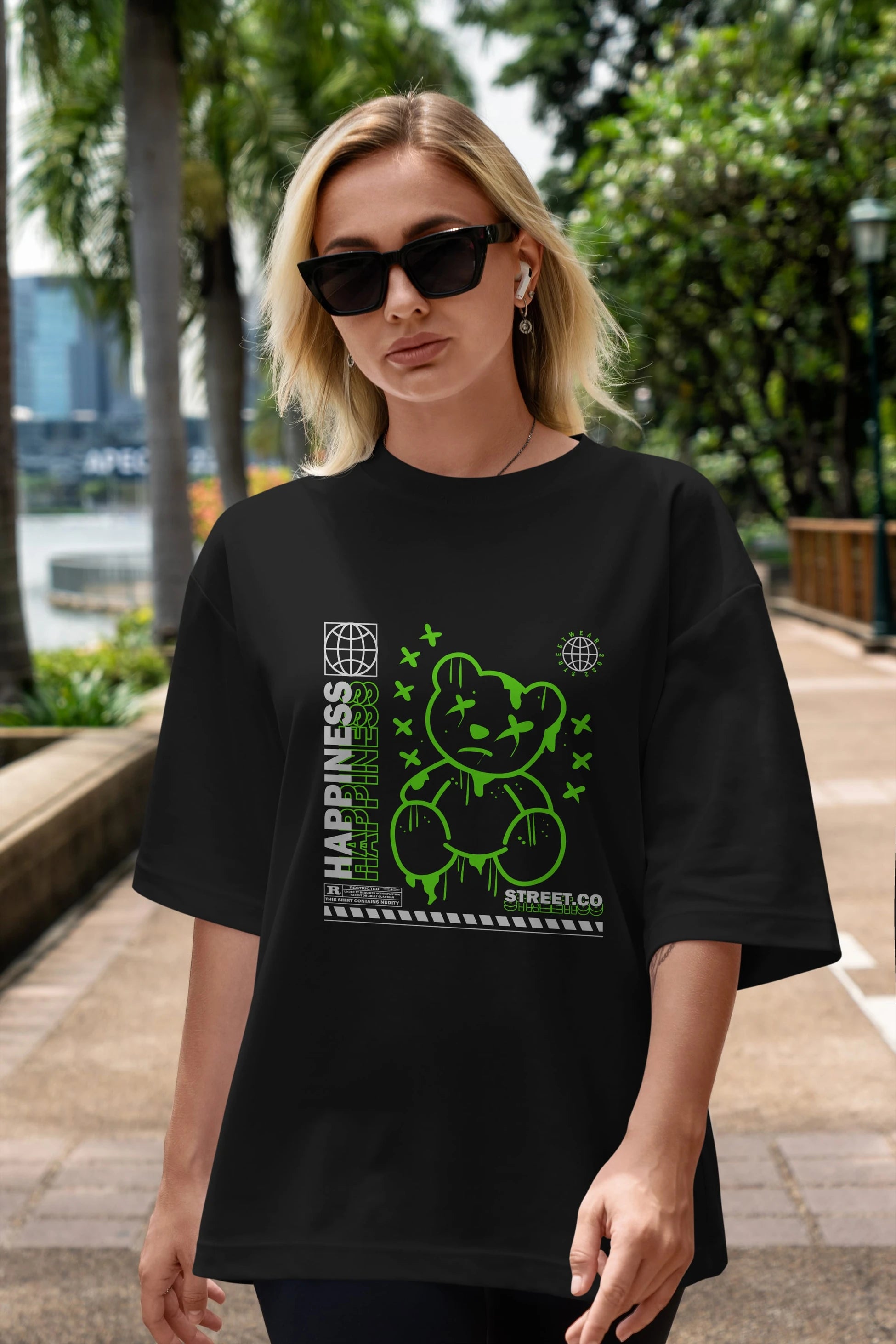 Happiness Bear 3 Ön Baskılı Oversize t-shirt Erkek Kadın Unisex