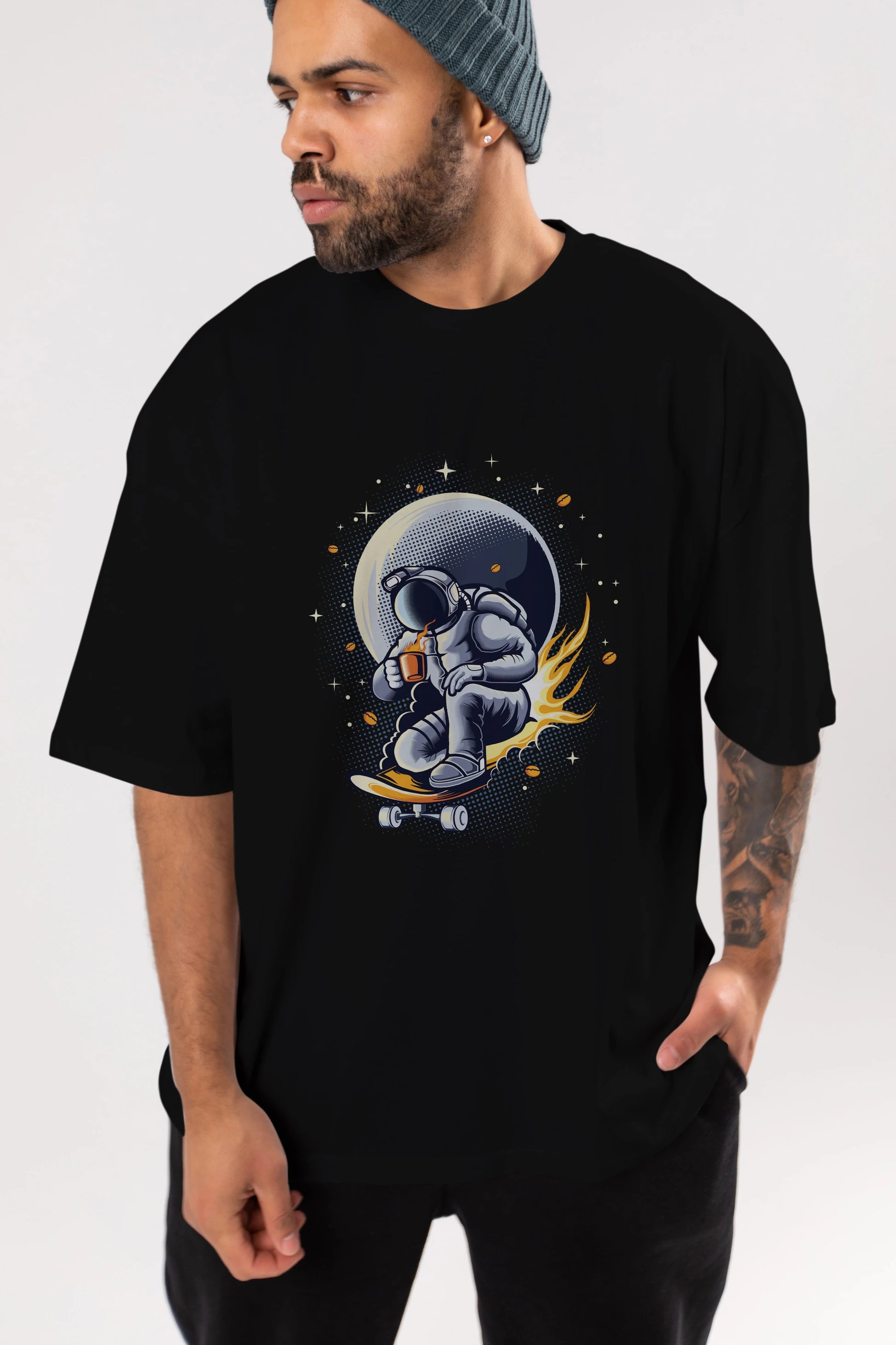 Astro Coffee Addict Ön Baskılı Oversize t-shirt Erkek Kadın Unisex