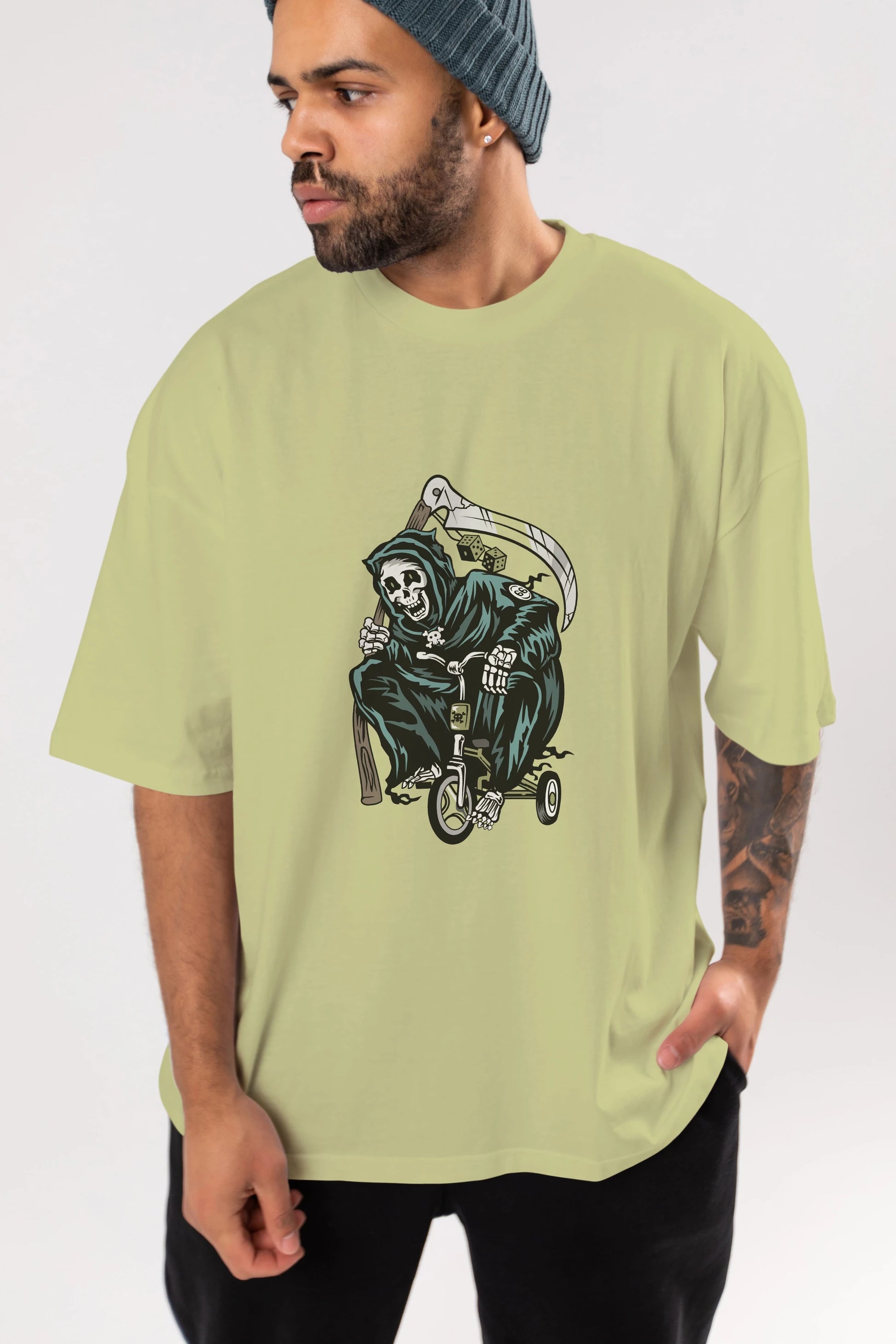Grim Reaper Bicycle Ön Baskılı Oversize t-shirt Erkek Kadın Unisex %100 Pamuk tişort