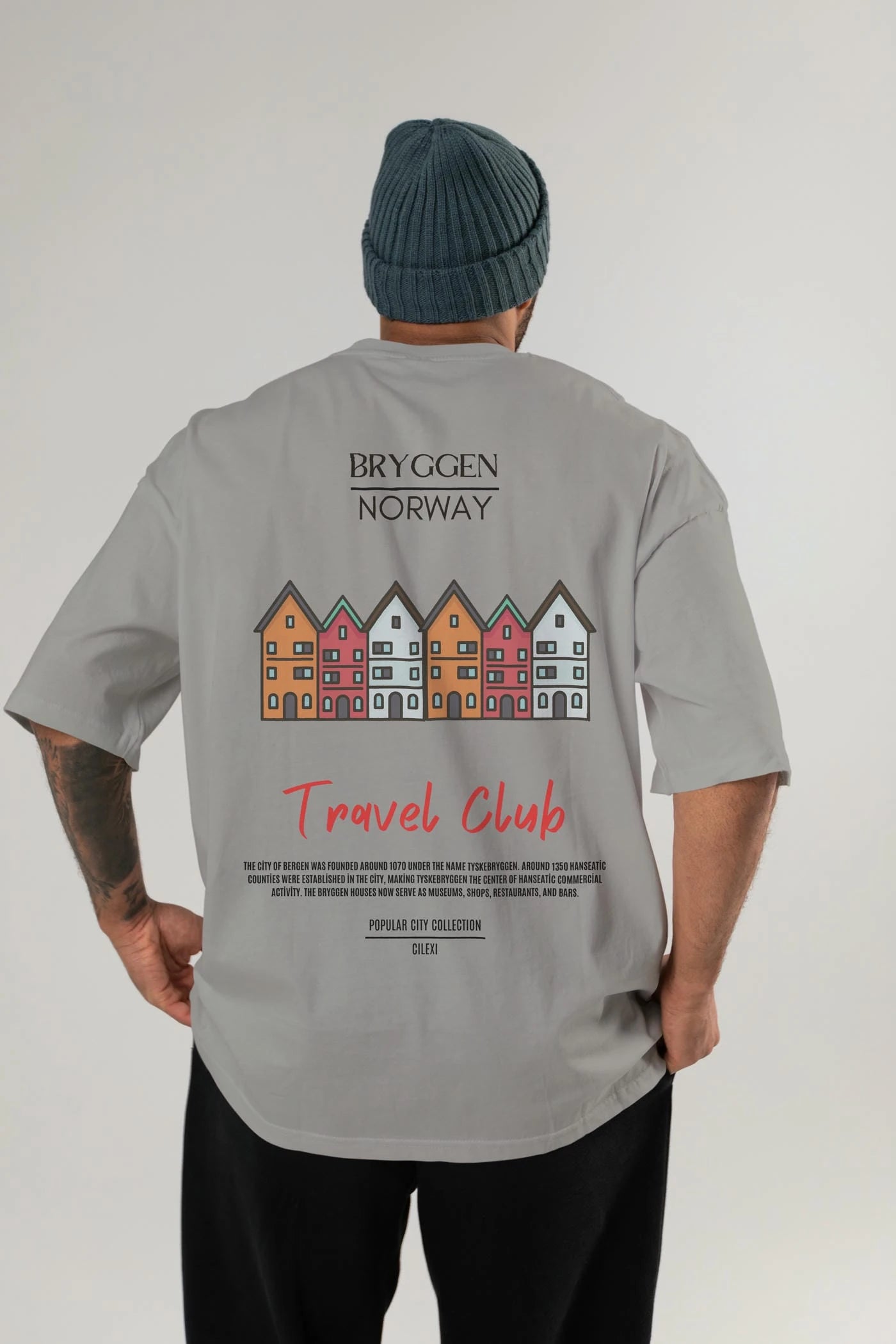 Bryggen Norway Arka Baskılı Oversize t-shirt Erkek Kadın Pamuk Bisiklet Yaka tişort