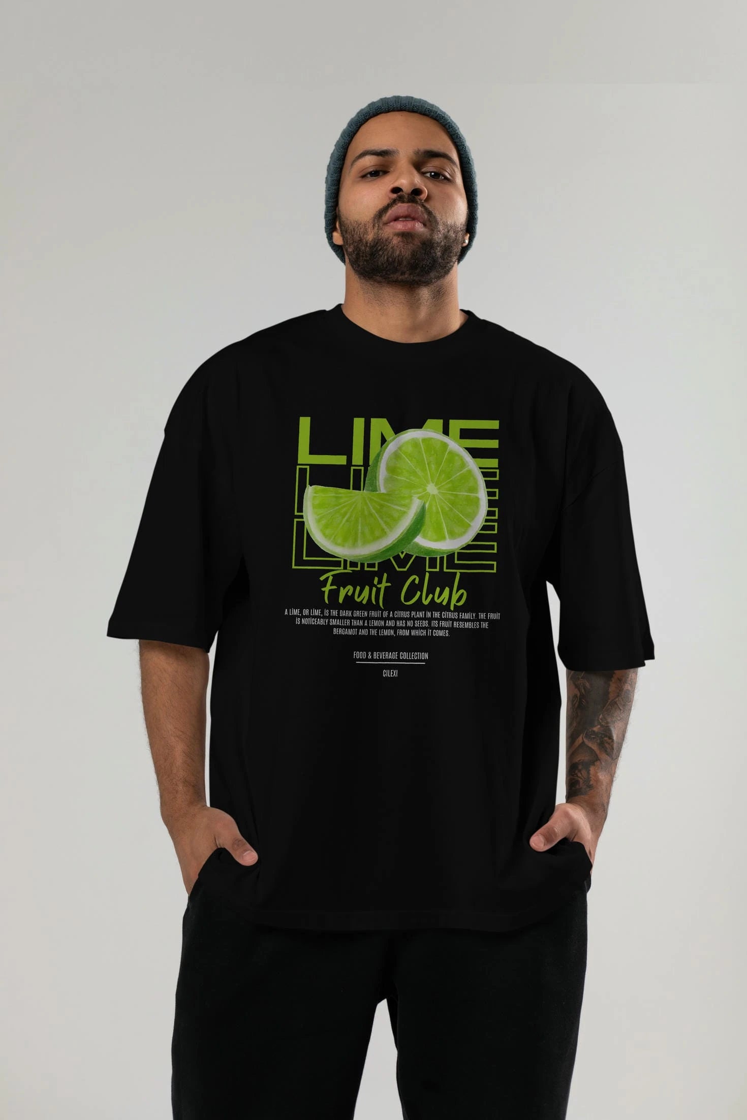 Lime Ön Baskılı Oversize t-shirt Erkek Kadın Pamuk Bisiklet Yaka tişort