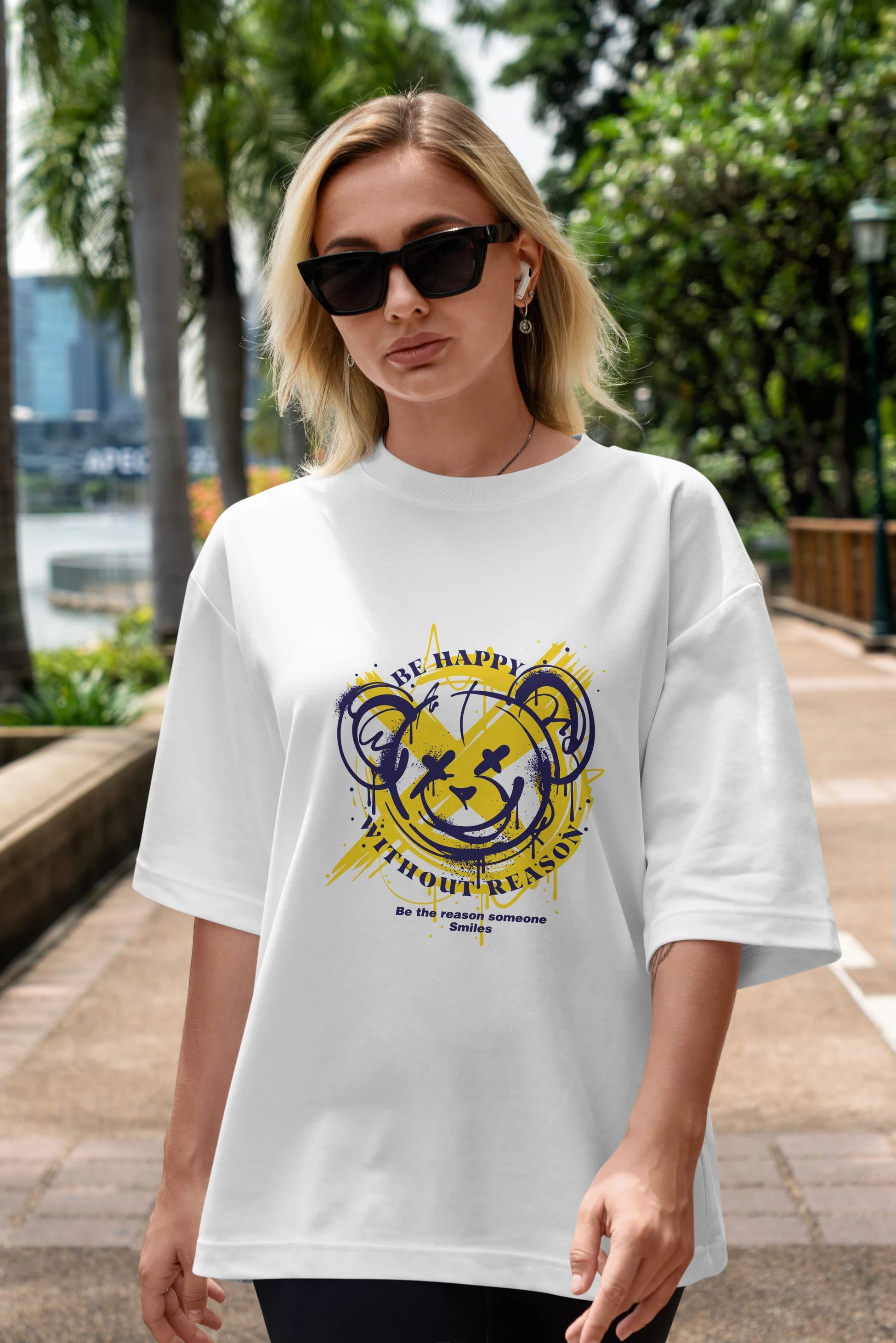 Be Happy Bear 2 Ön Baskılı Oversize t-shirt Erkek Kadın Unisex