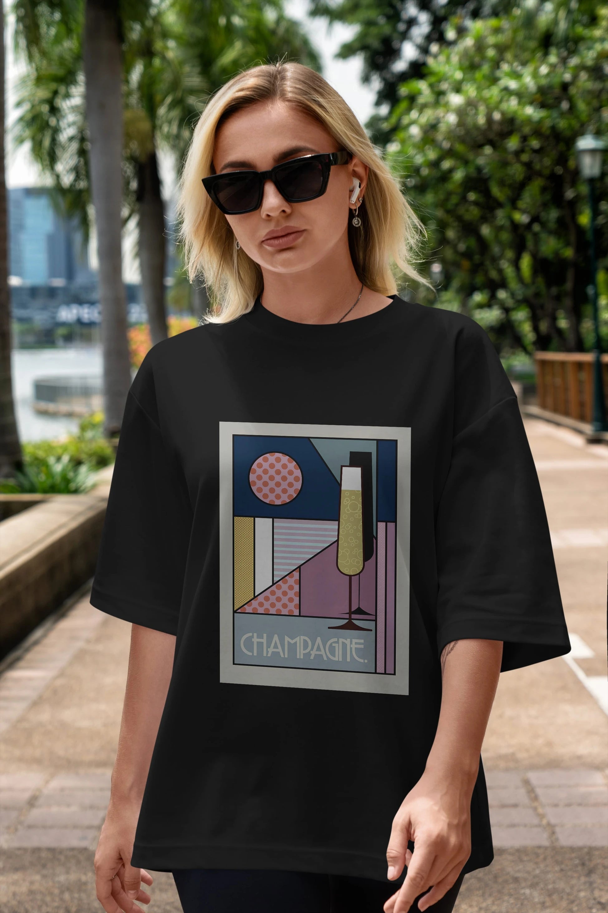 Champagne Ön Baskılı Oversize t-shirt Erkek Kadın Unisex %100 Pamuk Bisiklet Yaka tişort