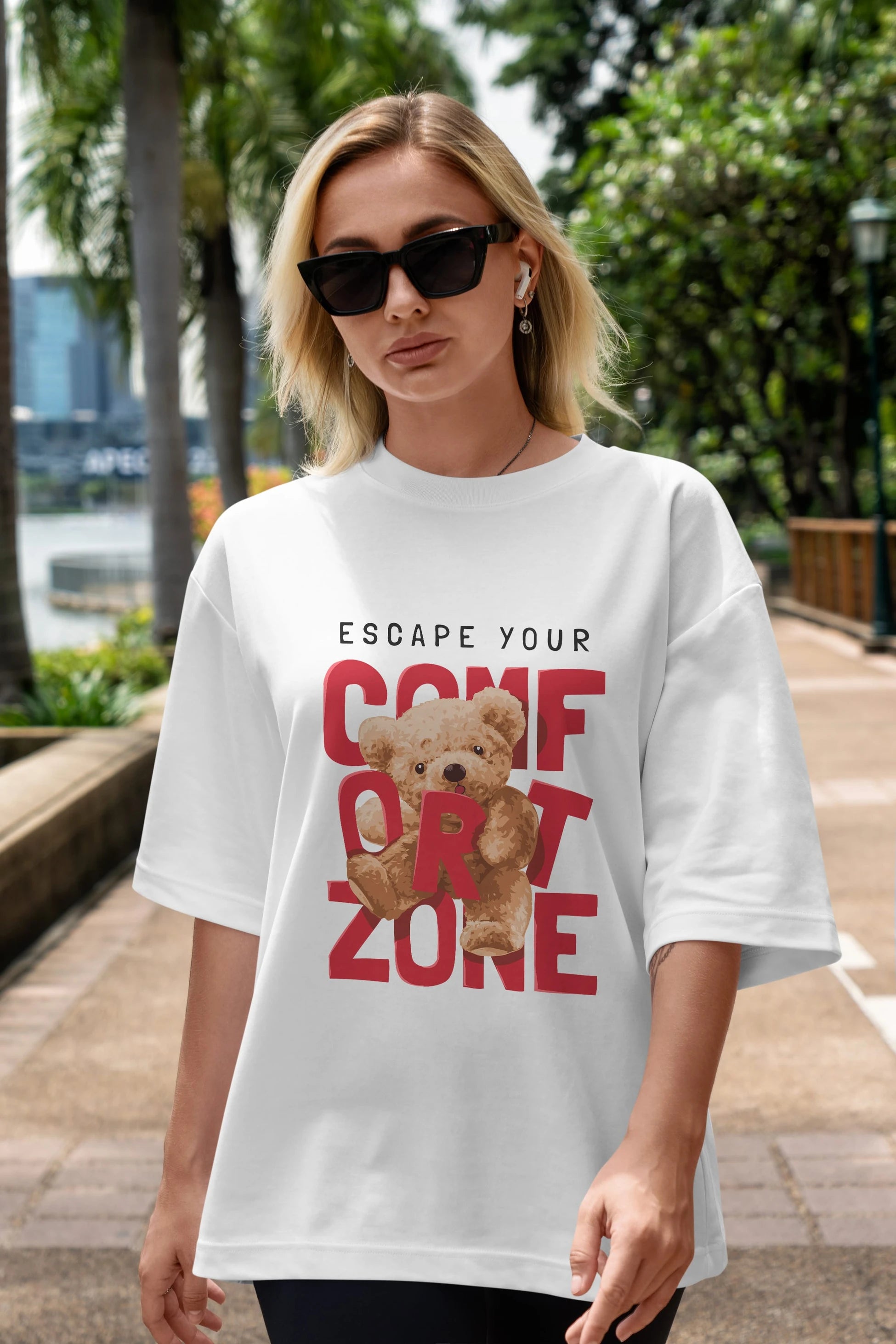 Teddy Bear Escape Comfort Zone Ön Baskılı Oversize t-shirt Erkek Kadın Unisex %100 Pamuk