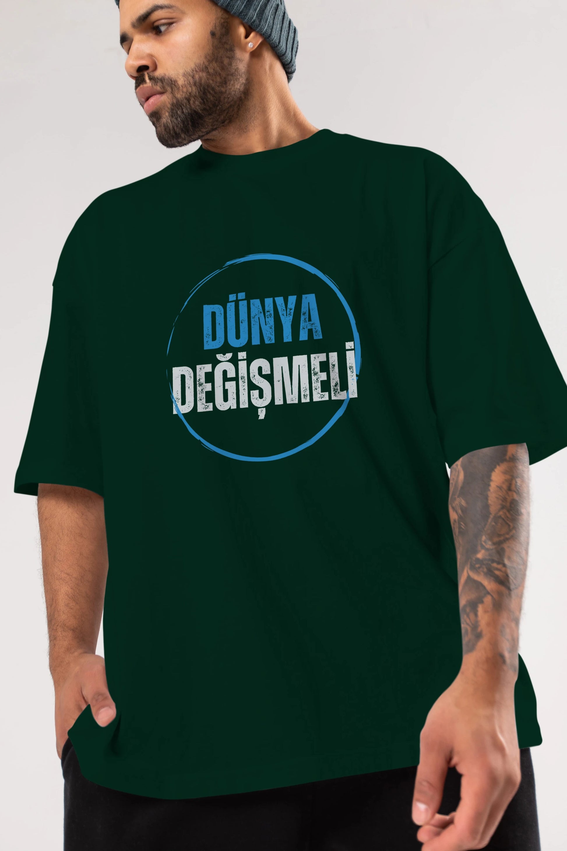 Dünya Değişmeli Yazılı Ön Baskılı Oversize t-shirt Erkek Kadın Unisex