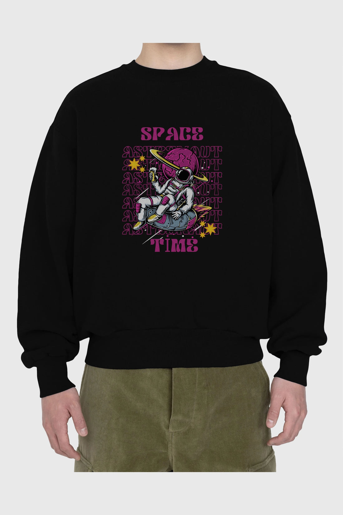 Space Time Astronaut Yazılı Ön Baskılı Oversize Sweatshirt Erkek Kadın Unisex