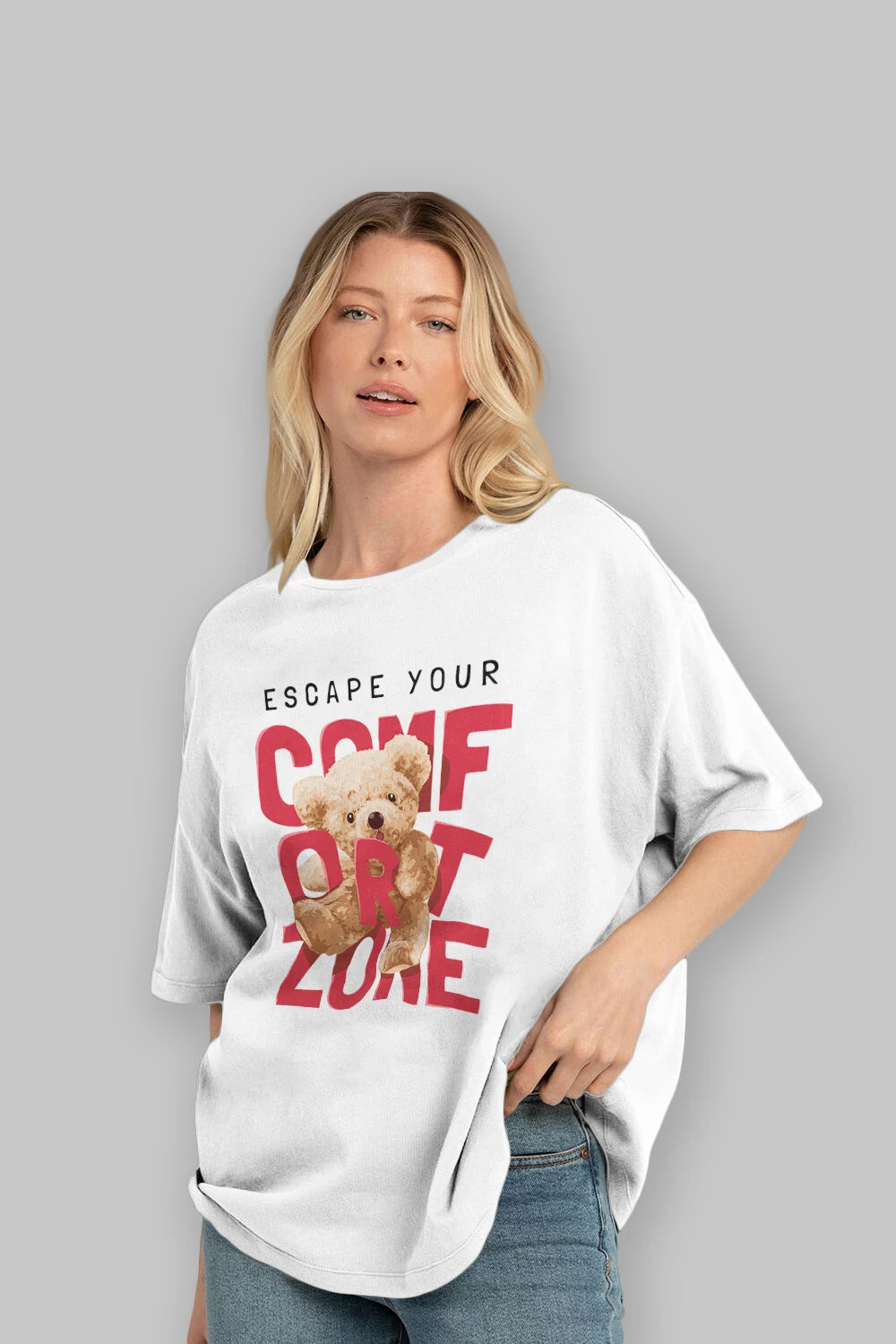 Teddy Bear Escape Comfort Zone Ön Baskılı Oversize t-shirt Erkek Kadın Unisex %100 Pamuk