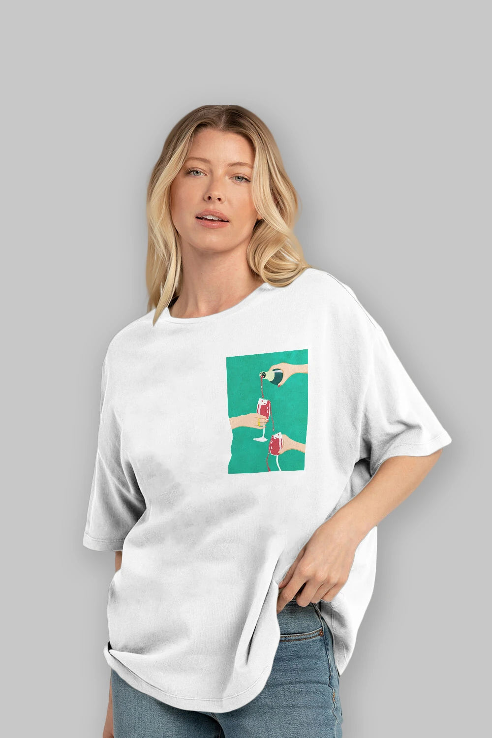 Wine 2 Ön Sol Baskılı Oversize t-shirt Erkek Kadın Unisex %100 Pamuk Bisiklet Yaka tişort