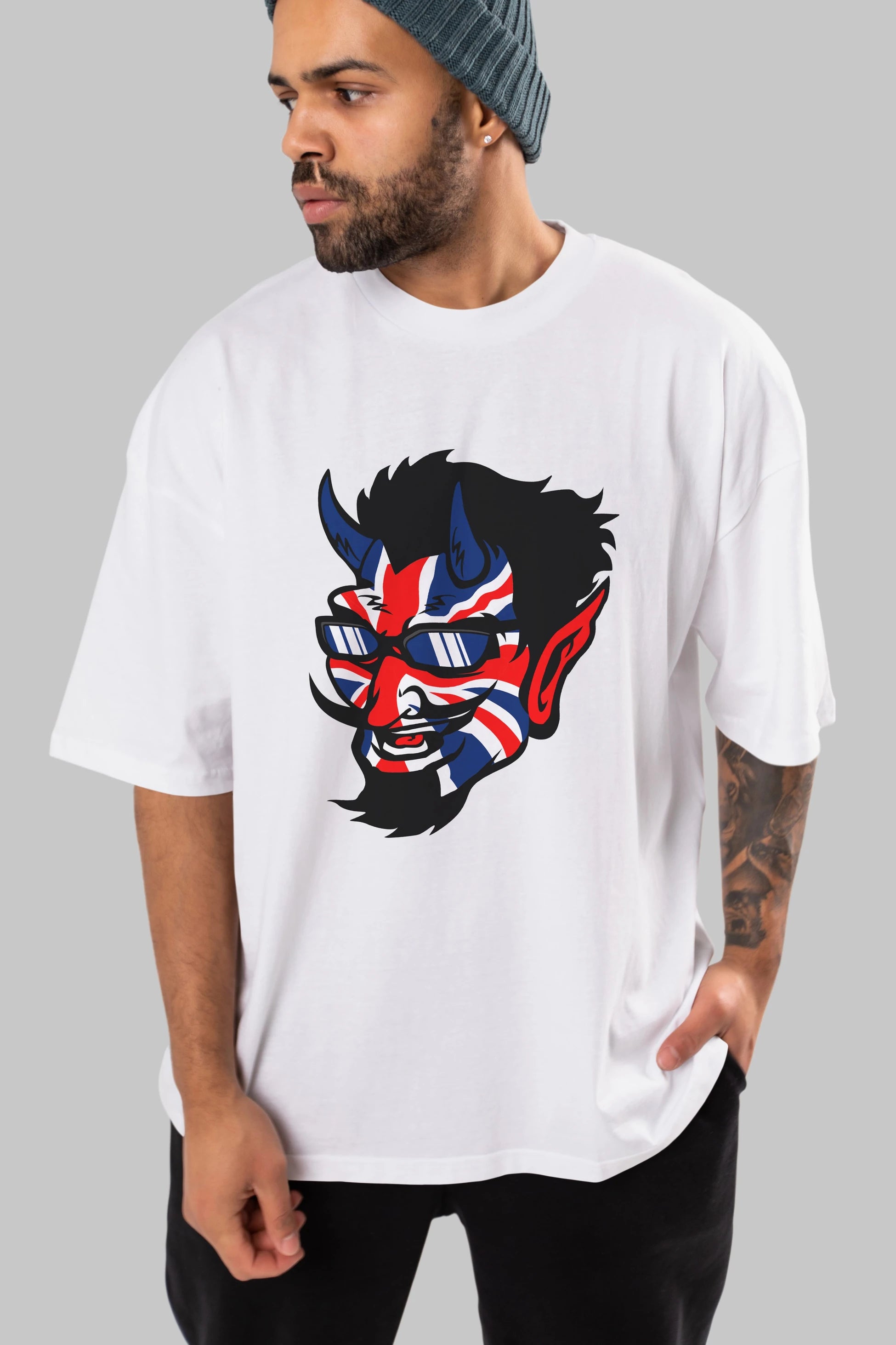 UK Devil Ön Baskılı Oversize t-shirt Erkek Kadın Unisex %100 Pamuk tişort