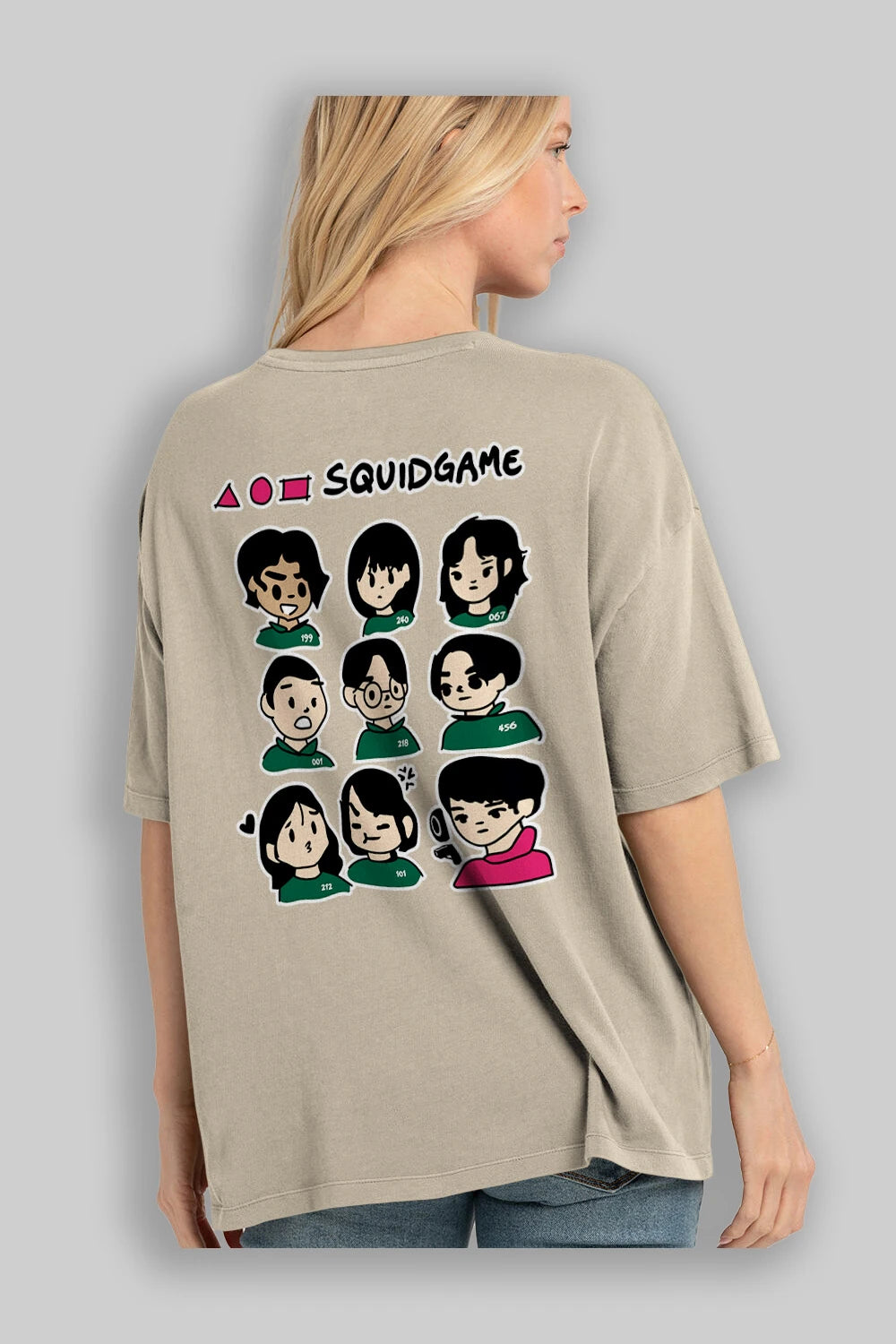 Squid Game (3) Arka Baskılı Oversize t-shirt Erkek Kadın Unisex %100 Pamuk Bisiklet Yaka tişort