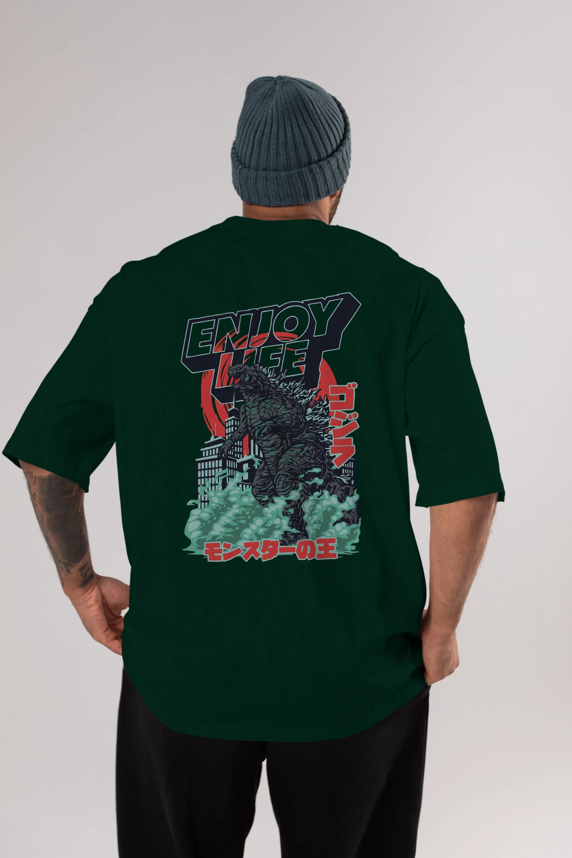 Godzilla Arka Baskılı Oversize t-shirt Erkek Kadın Unisex %100 Pamuk Bisiklet Yaka tişort