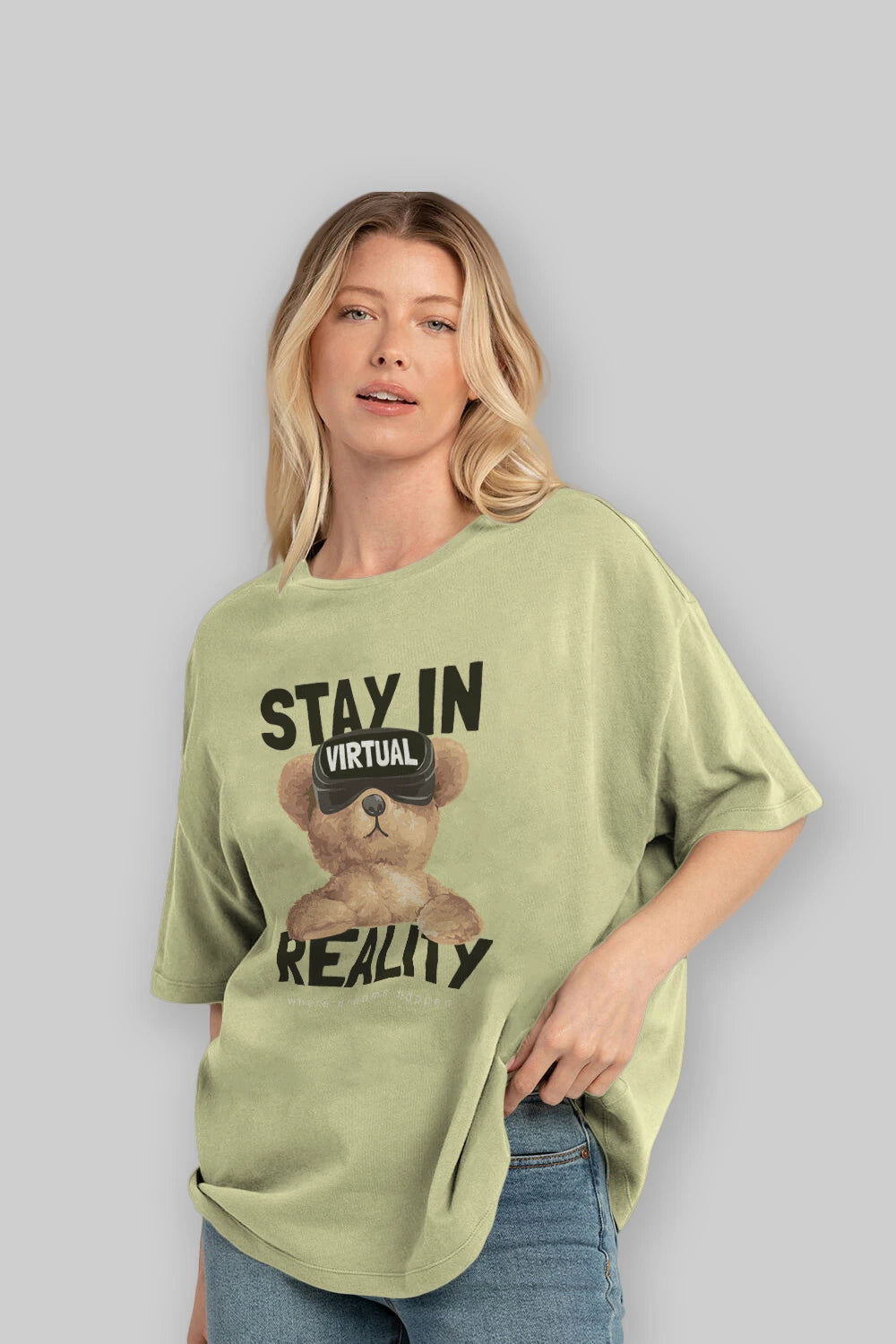 Teddy Stay In Reality Ön Baskılı Oversize t-shirt Erkek Kadın Unisex %100 Pamuk