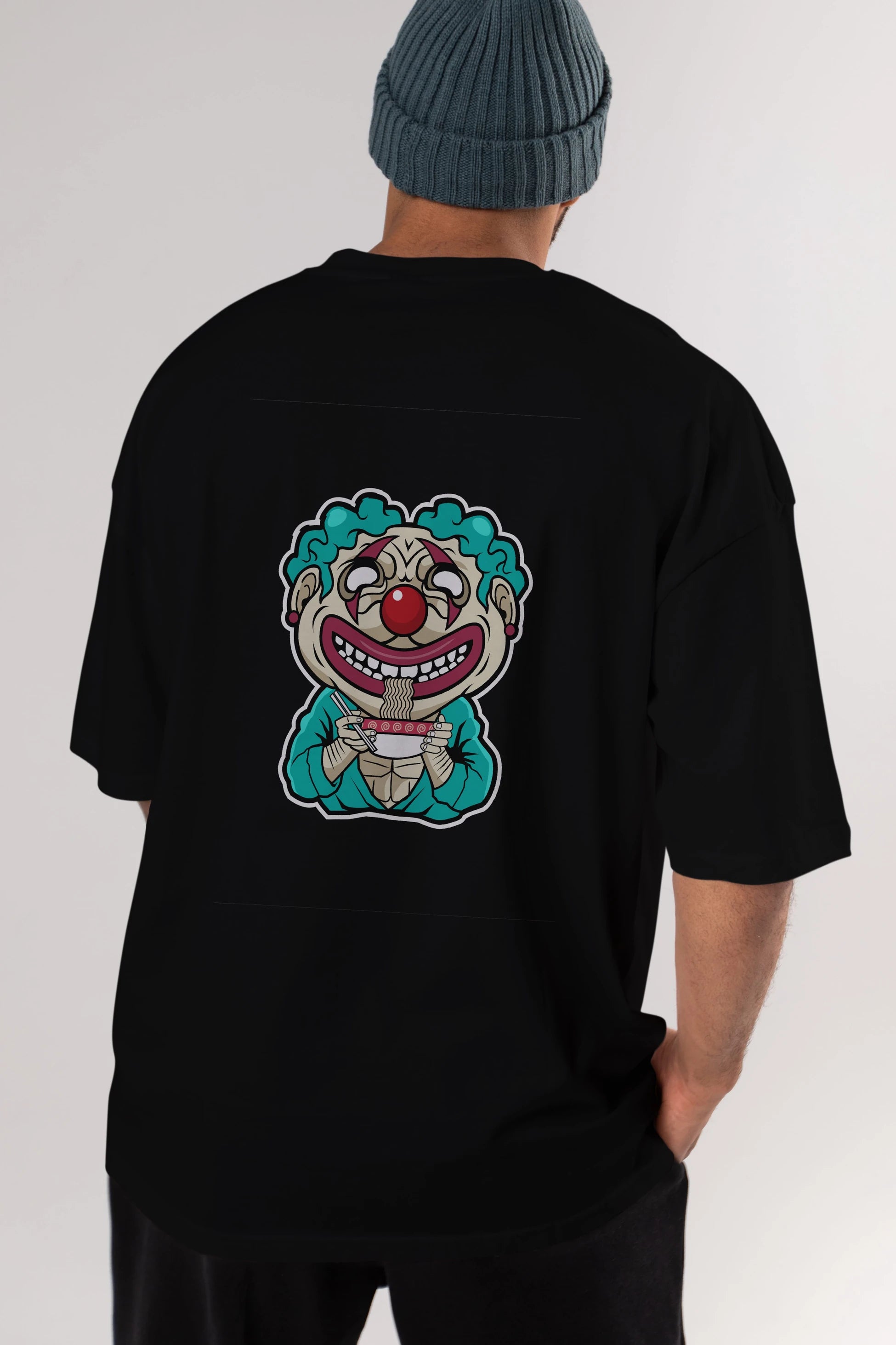 Clown Ramen Arka Baskılı Oversize t-shirt Erkek Kadın Unisex %100 Pamuk tişort