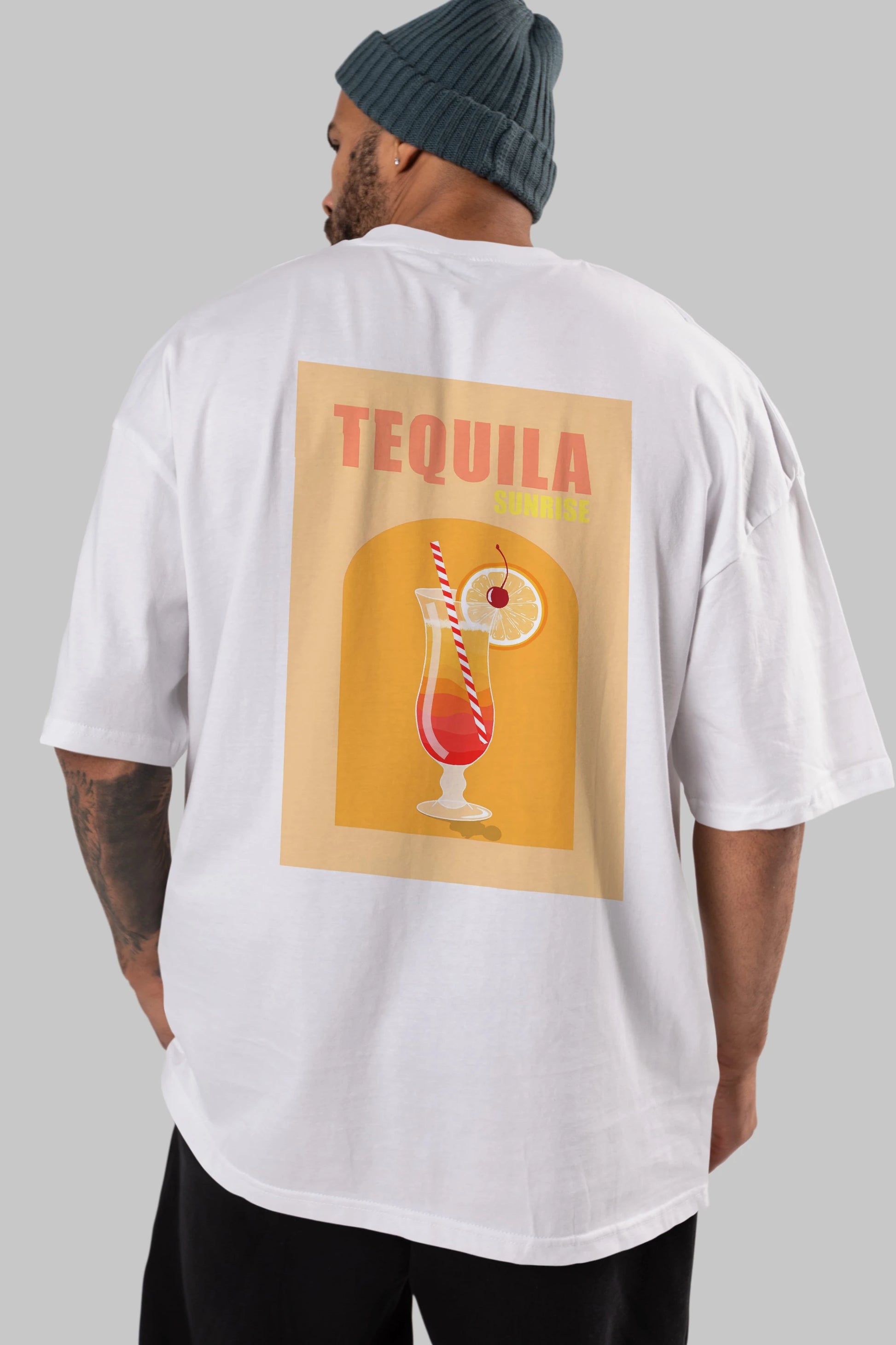Tequila Sunrise Arka Baskılı Oversize t-shirt Erkek Kadın Unisex %100 Pamuk Bisiklet Yaka tişort